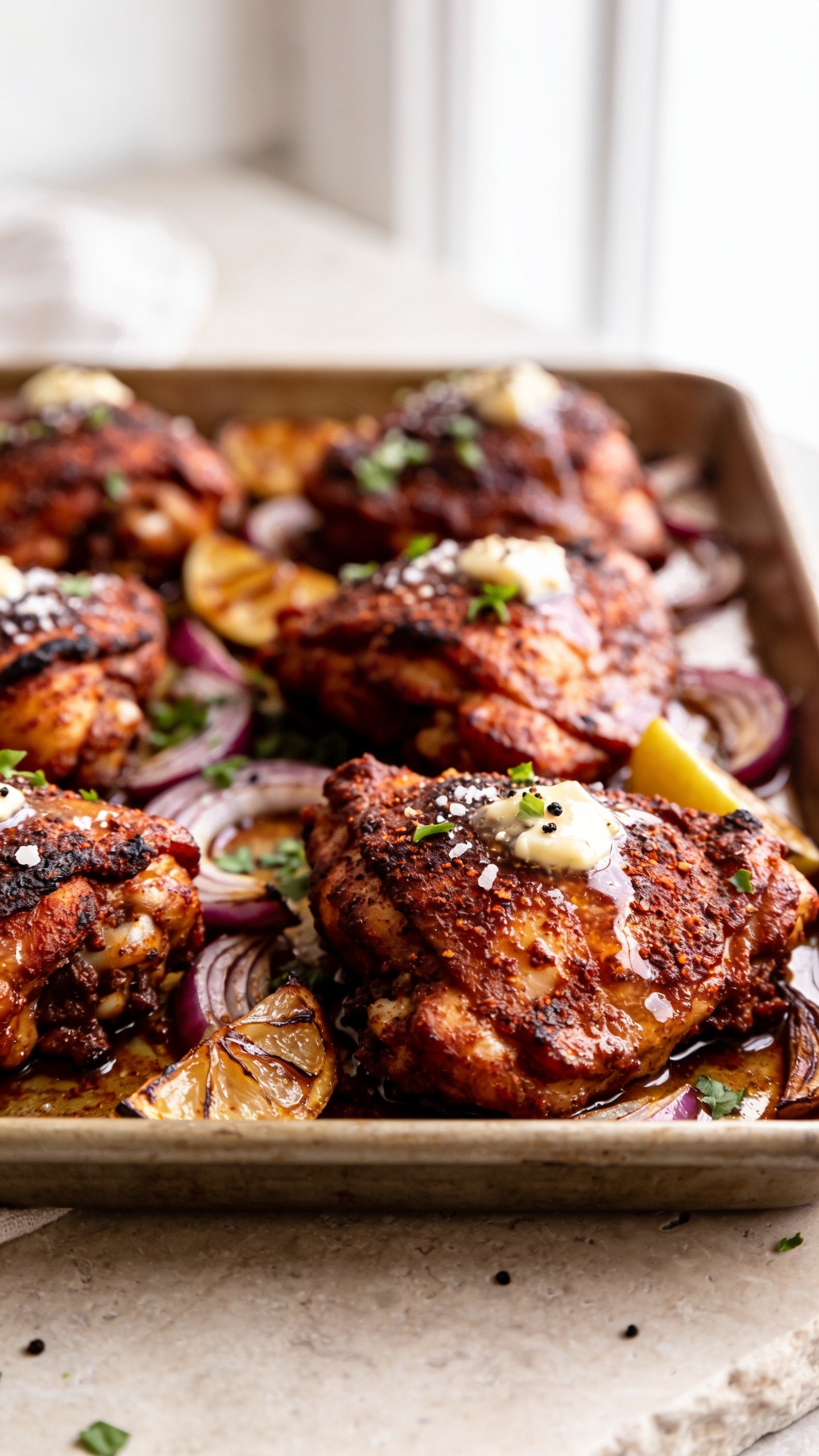 Ultra-close hero shot of Cajun-spiced roasted chicken thighs on a rimmed sheet pan, filling 90â95% of the frame: deeply browned, glistening, craggy skin with charred edges and a mahogany-red Cajun crust, juices pooling slightly around the thighs, tiny blisters of rendered fat catching the light. A light gloss of garlic butter brushed on top, with a few grains of coarse salt and cracked black pepper visible. Scattered thin slices of roasted red onion and caramelized lemon wedges tucked around the thighs, plus a sprinkle of finely chopped fresh parsley for a pop of green. Bright natural window light from the side, shallow depth of field, creamy bokeh, premium food-blog styling on a neutral stone surfaceâno text, no hands, just the finished dish looking irresistibly juicy and high-protein.