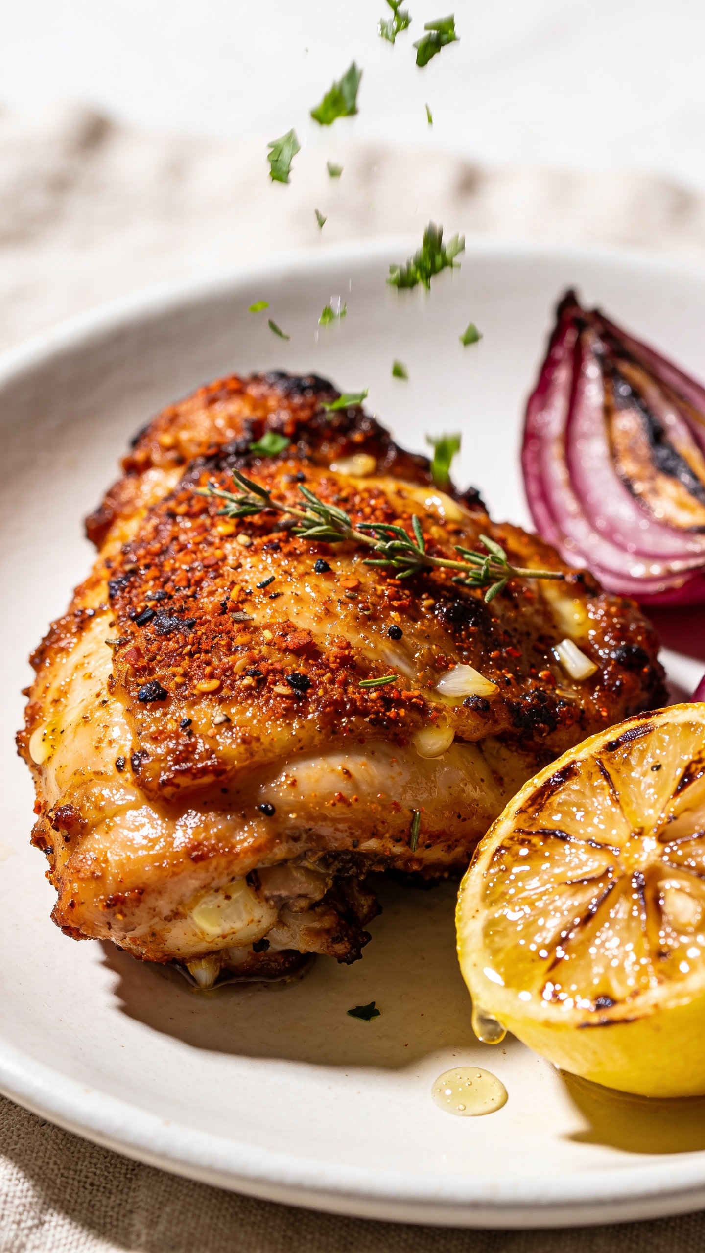 Extreme macro close-up of a plated Cajun chicken thigh, food filling 90â95% of the frame: ultra-crispy, spice-crusted skin with visible paprika, thyme, and black pepper speckles; glossy garlic-butter sheen; edges slightly charred for texture contrast. A few roasted red onion petals and a squeeze-drizzled roasted lemon half nearby, with tiny droplets of juice sparkling on the surface. Final shower of finely chopped parsley falling in midair, frozen over the thigh for movement. Bright natural side light, shallow depth of field, rich, warm tones and premium blog styling on a matte white plate over a neutral linenâconsistent look with the hero image.