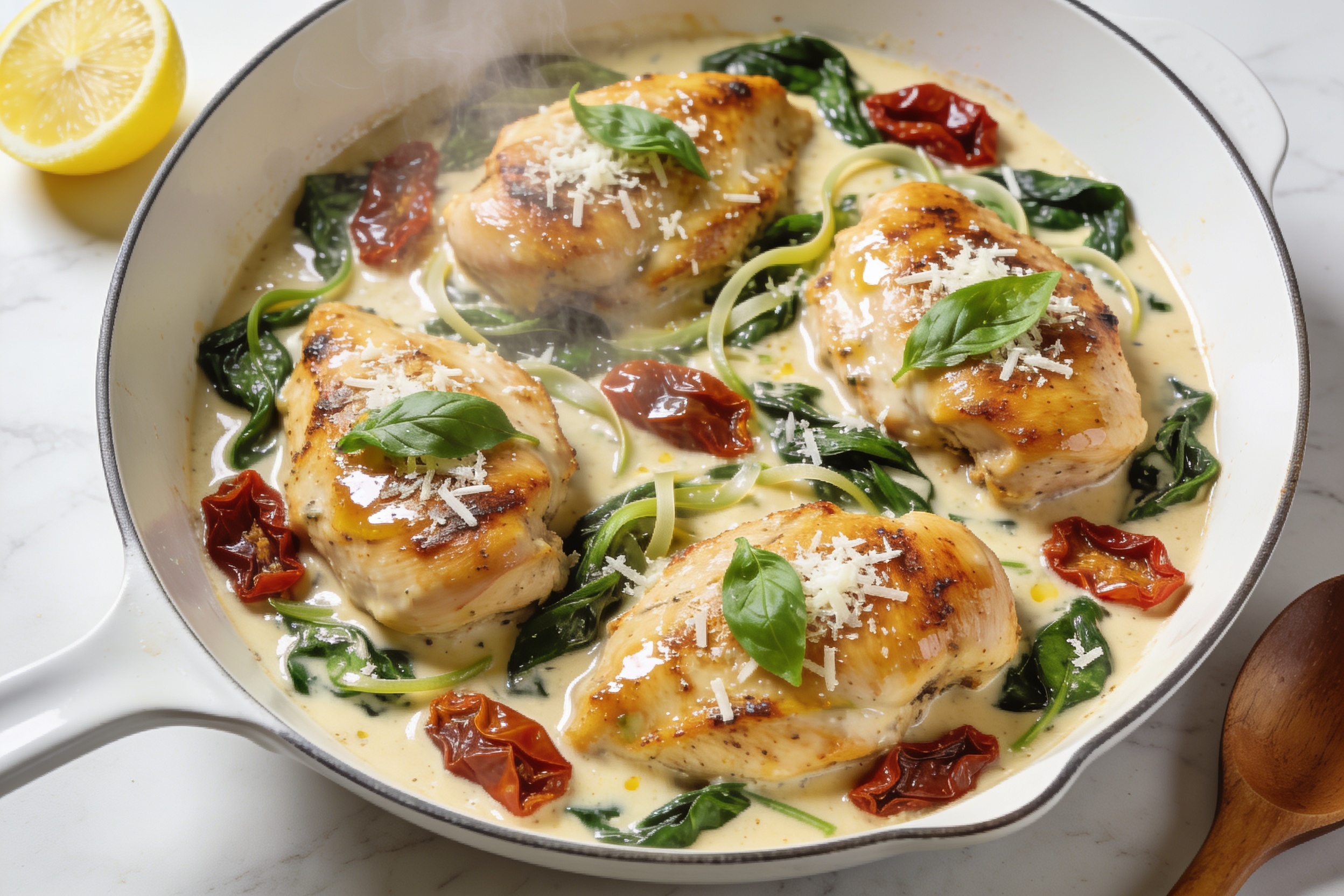 High Protein Creamy Tuscan Chicken Thighs