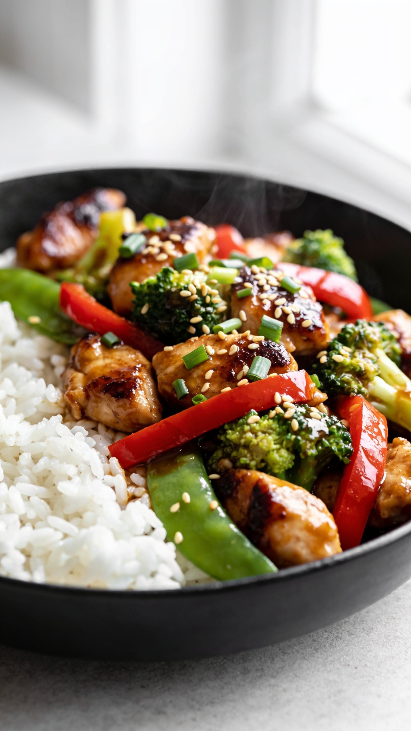 Ultra-close, premium food-blog hero shot of a high-protein chicken thigh stir fry plated in a shallow matte-black bowl over fluffy white jasmine rice. Glossy bite-sized chicken thigh pieces with deep caramelized edges are tossed with vibrant red bell pepper strips, bright broccoli florets, and snap peas, all lacquered in a clingy soyâoysterâgarlicâginger sauce. Garnished with finely sliced green onions and a sprinkle of toasted sesame seeds. Food fills 90â95% of frame, shallow depth of field, bright natural window light from the side, soft white bounce, subtle steam rising, clean neutral background, no text, no people, consistent styling across images.