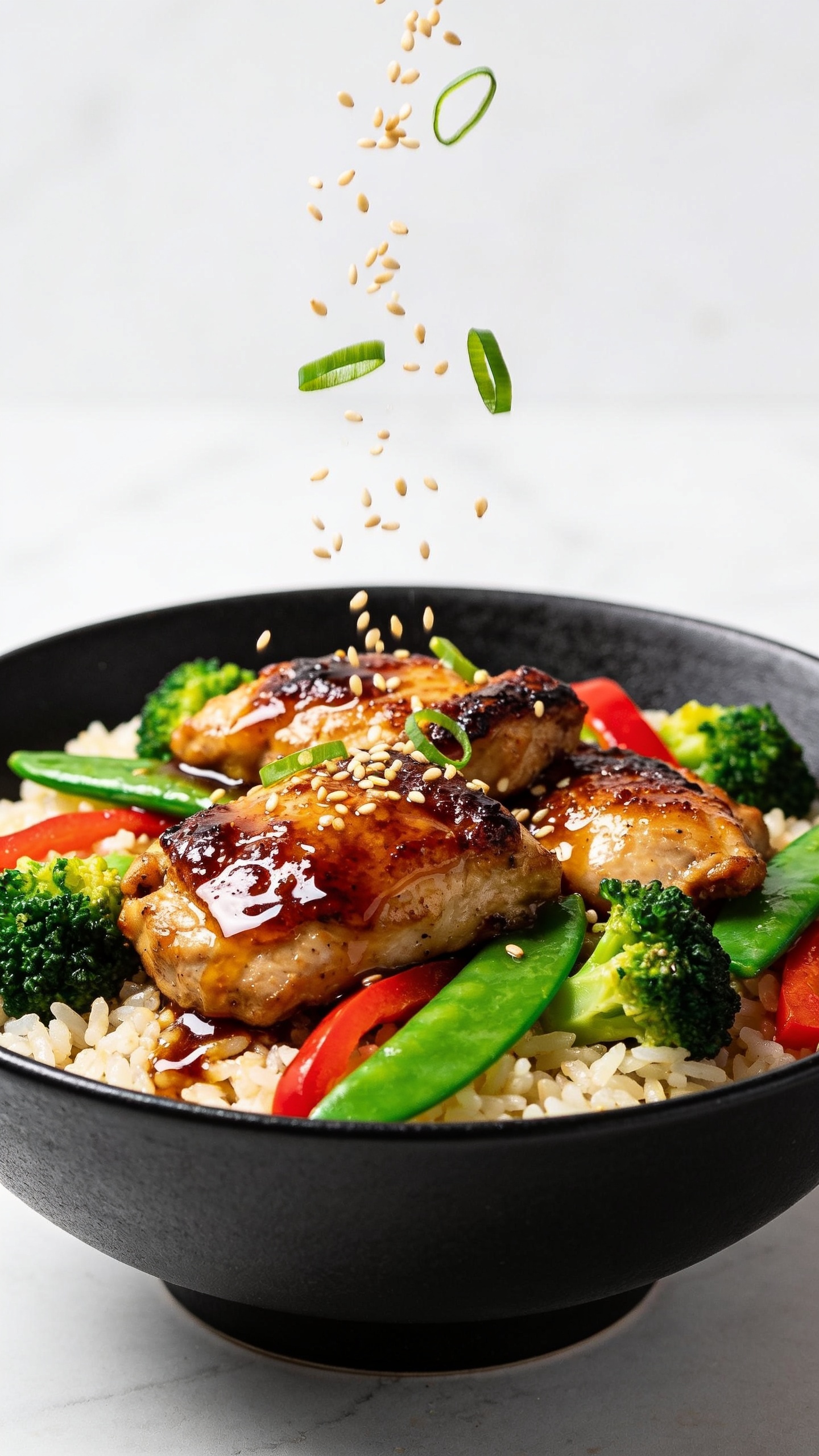 Extreme close-up from a slightly lower angle of the same finished chicken thigh stir fry in the matte-black bowl: focus on juicy, seared chicken thigh pieces with caramelized edges, glossy soyâoyster glaze pooling gently on the jasmine rice, crisp-tender broccoli florets and snap peas adding vibrant green, red bell pepper strips adding pop, and a delicate rain of toasted sesame seeds and thinly sliced green onions falling from above, frozen mid-air. Food fills 90â95% of frame, bright natural lighting, shallow depth of field, clean minimal background, cohesive styling with images 1 and