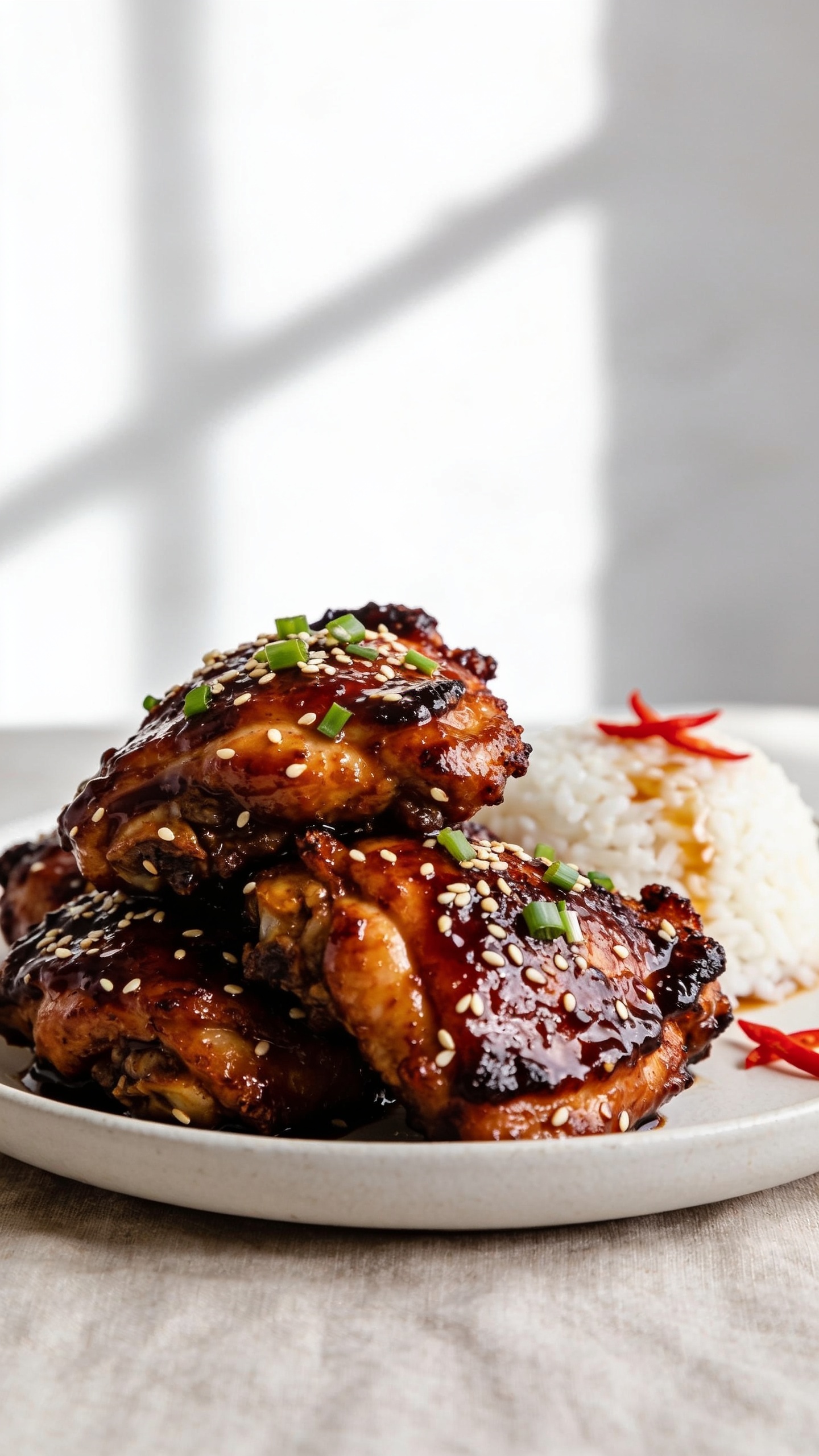 Ultra-close, hero shot of High Protein Sticky Sesame Chicken Thighs piled on a shallow matte-white plate, glossy dark mahogany soy-sesame glaze clinging to every piece, crispy caramelized edges, visible sesame seeds and finely sliced scallions sprinkled on top, a small mound of white jasmine rice peeking in the background with a light drizzle of sauce, a few thin red chili slices for a subtle heat cue; bright natural window light from the left, gentle shadows on the right, shallow depth of field emphasizing the front thighs with lacquered shine and sticky texture, neutral light linen beneath the plate, clean minimal background, food filling 90â95% of frame, premium food-blog styling.