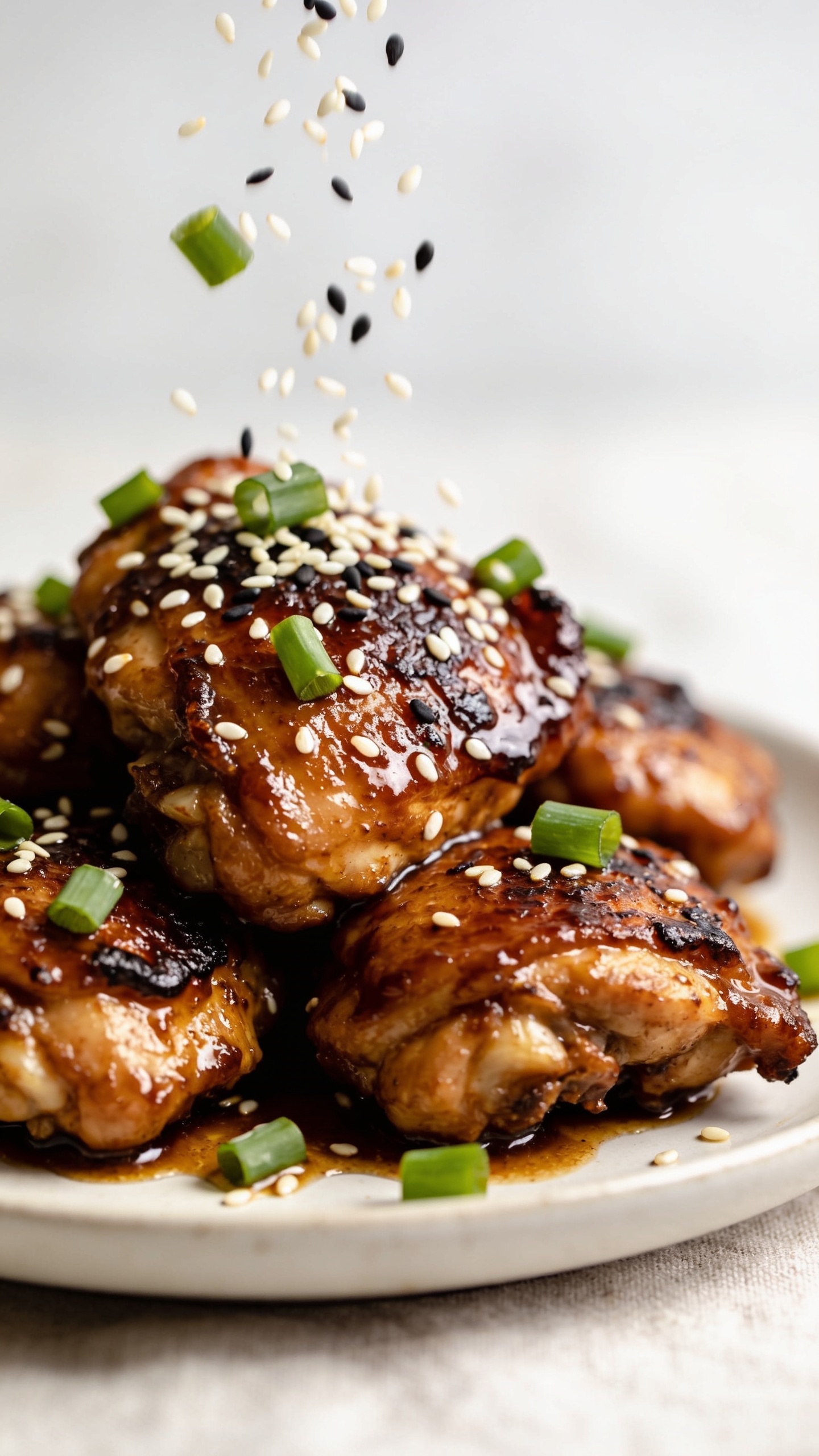 Macro close-up from a low 45-degree angle focusing on the surface of the same plated chicken thighs: tight cluster of pieces coated in thick, sticky soy-ginger-garlic glaze with cornstarch sheen, visible blistered caramelized bits and rendered edges, fresh scallions and a shower of toasted white and black sesame seeds frozen mid-fall over the chicken, a light gloss pooling around the base of the plate with a soft reflection; bright natural light, shallow depth of field isolating texture and gloss, neutral backdrop and linen, food filling 90â95% of the frame, rich color contrast of deep brown glaze, green scallions, and ivory sesame.
