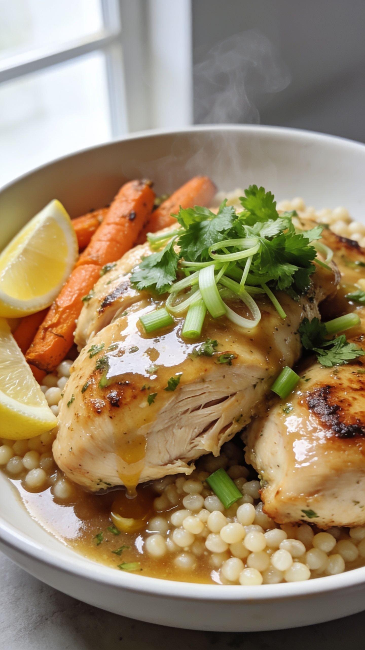 Extreme close-up hero: slow cooker boneless skinless chicken thighs plated in a shallow white bowl, glistening with a glossy garlic-herb pan sauce. The thighs are fork-tender, lightly seared edges, juices pooling, and topped with a vibrant sprinkle of chopped fresh parsley and thinly sliced green onions. Nestled alongside are lemon wedges and a few roasted baby carrots for color, with pearl couscous peeking underneath to catch the sauce. Bright natural window light, shallow depth of field, crisp highlights on the sauce, steam subtly rising, matte neutral background, premium food-blog styling, 90â95% frame filled with the dish, consistent look for all images.