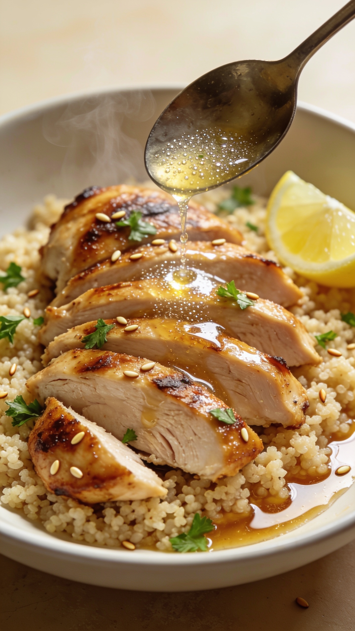 3. Macro texture close-up from a different angle: sliced slow cooker chicken thighs fanned over couscous in the same white bowl, edges slightly caramelized, juicy interior visible, glossy pan juices spooned over and pooling around the grains. A final squeeze of lemon caught mid-glimmer on the surface, micro-beads of moisture sparkling; scattered fresh parsley and a few toasted sesame seeds for crunch. Warm neutral backdrop, natural daylight, shallow depth of field emphasizing succulent texture and sheen, steam lingering, 90â95% frame filled, matching the same color palette and plating as the first two images.