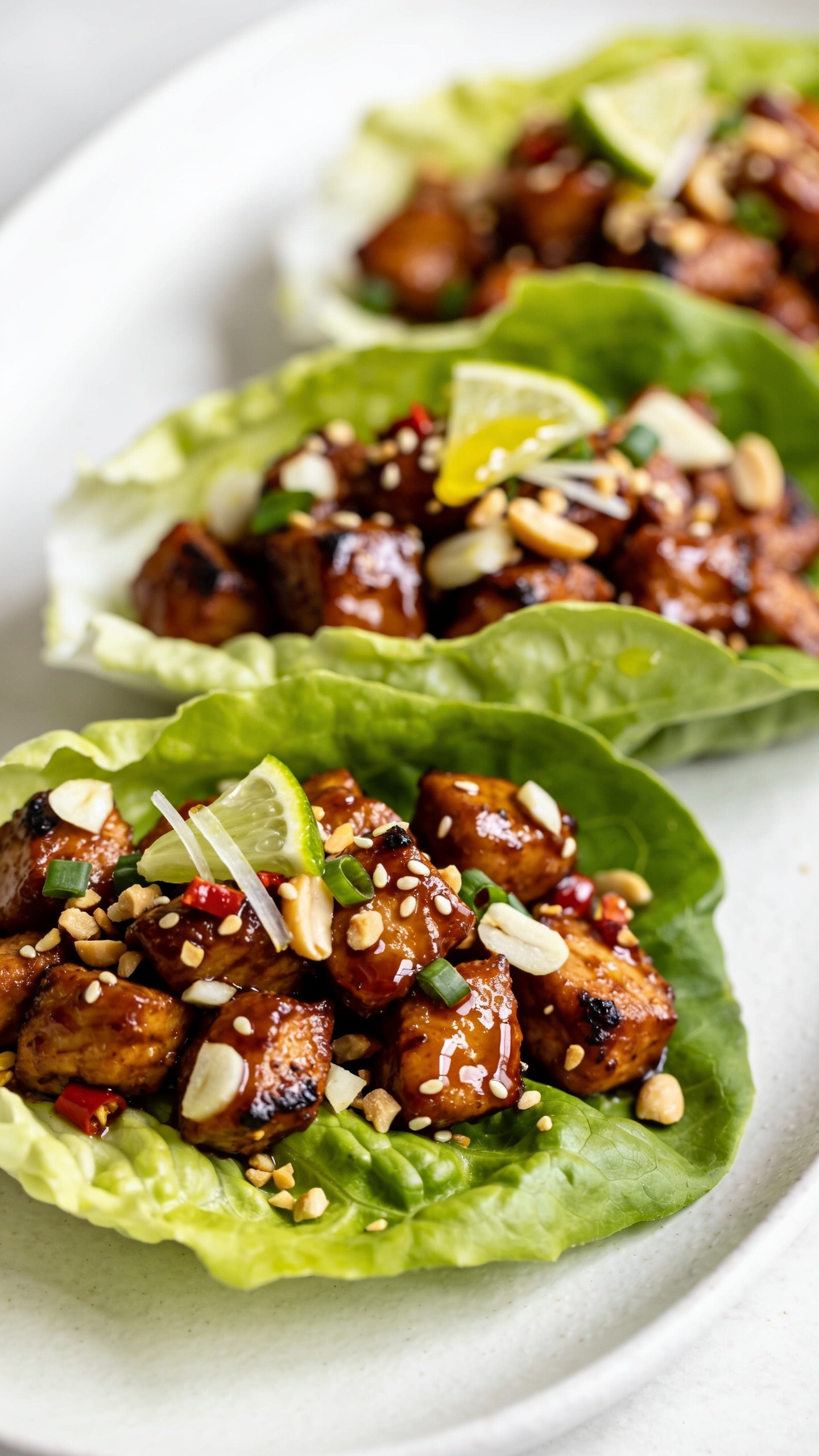 Ultra-close hero shot of High Protein Chicken Thigh Lettuce Wraps: crisp butter lettuce cups filled with glossy, caramelized diced chicken thighs sautĂŠed with garlic and ginger, glistening soy-sesame glaze, tiny charred edges, flecks of chili, finely diced water chestnuts for crunch, thinly sliced scallions, crushed roasted peanuts, and a squeeze of fresh lime shimmering on the surface. Arrange 3 identical wraps in a shallow curve on a matte white plate, minimal props, bright natural side light, shallow depth of field, vibrant greens and deep mahogany chicken tones, clean contemporary styling, food filling 90â95% of frame, no text.