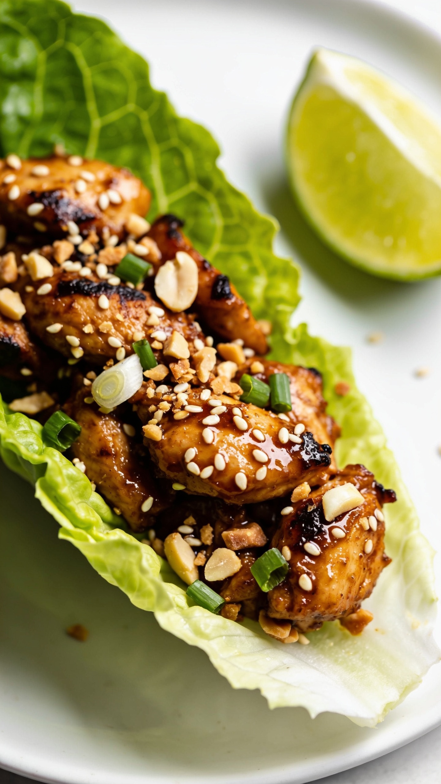 Macro diagonal angle close-up of a single assembled lettuce wrap on a white plate: butter lettuce cupping the saucy chicken thigh filling, sesame sheen, visible minced garlic and ginger, toasted sesame seeds scattered, crushed peanuts, scallions, and a glistening lime wedge just out of focus in the background. Emphasize juicy textures, charred edges, and crisp lettuce veins; bright natural lighting, shallow depth of field, rich contrasting colors, minimal styling, food filling 90â95% of frame, matching the same recipe look as images 1 and