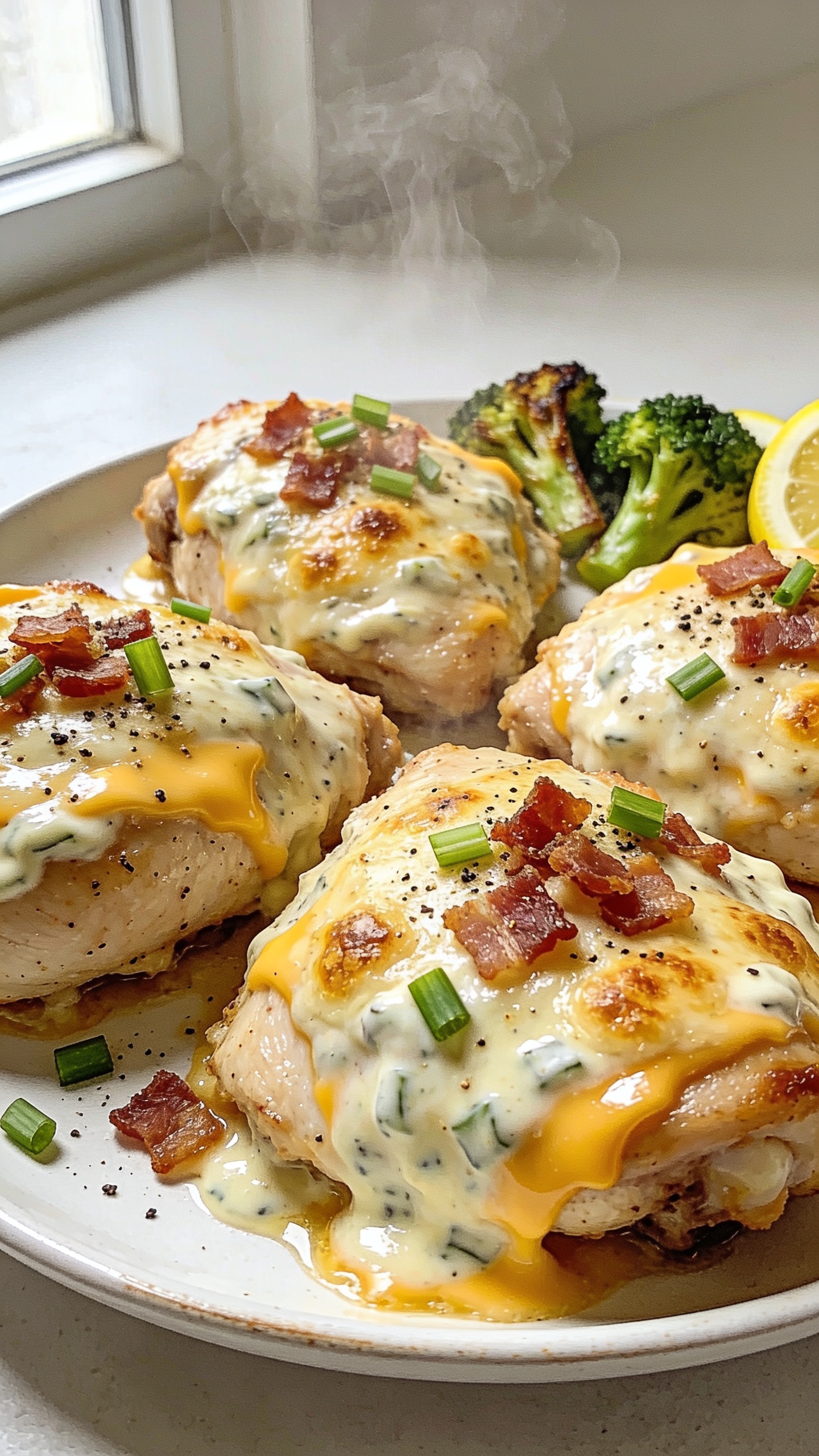 Ultra-close-up hero shot of High Protein Crack Chicken Thighs on a small white rimmed plate, food filling 90â95% of frame. Four baked, skinless chicken thighs smothered in a creamy ranch-cheddar topping, golden-bubbled and slightly blistered, with crispy bacon crumbles and melted cheddar edges, glossy from residual pan juices. Garnish with finely sliced green onions and a dusting of cracked black pepper. A few roasted broccoli florets and lemon wedges peek at the back edge for color, but chicken remains the star. Bright natural window light from the left, shallow depth of field, soft shadows, clean neutral background, premium food-blog styling, visible steam rising subtly from the freshly baked thighs, rich textures and vibrant color contrast.