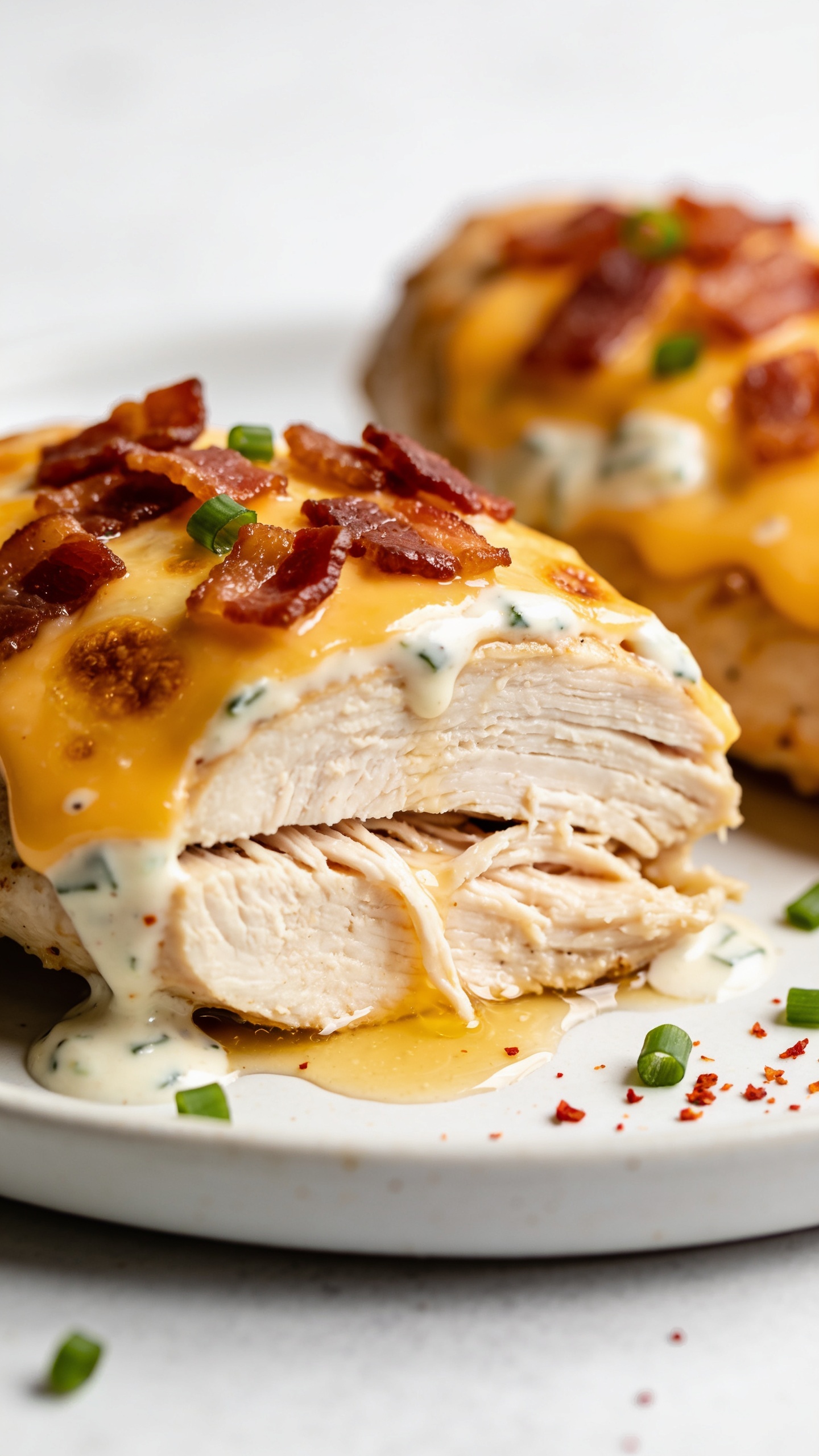 Extreme close-up side angle of a single thigh sliced to reveal the juicy interior, showing tender, moist chicken fibers beneath a thick, bubbly ranch-cheddar cap studded with crispy bacon. Cheese is glossy with lightly browned edges; tiny pools of creamy sauce and golden chicken juices collect at the base. Scattered green onions and a pinch of red pepper flakes add pop. A blurred second thigh in the background keeps continuity. Bright natural lighting, shallow depth of field, food filling 90â95% of the frame, crisp textures, premium food-blog styling, clean neutral backdrop.