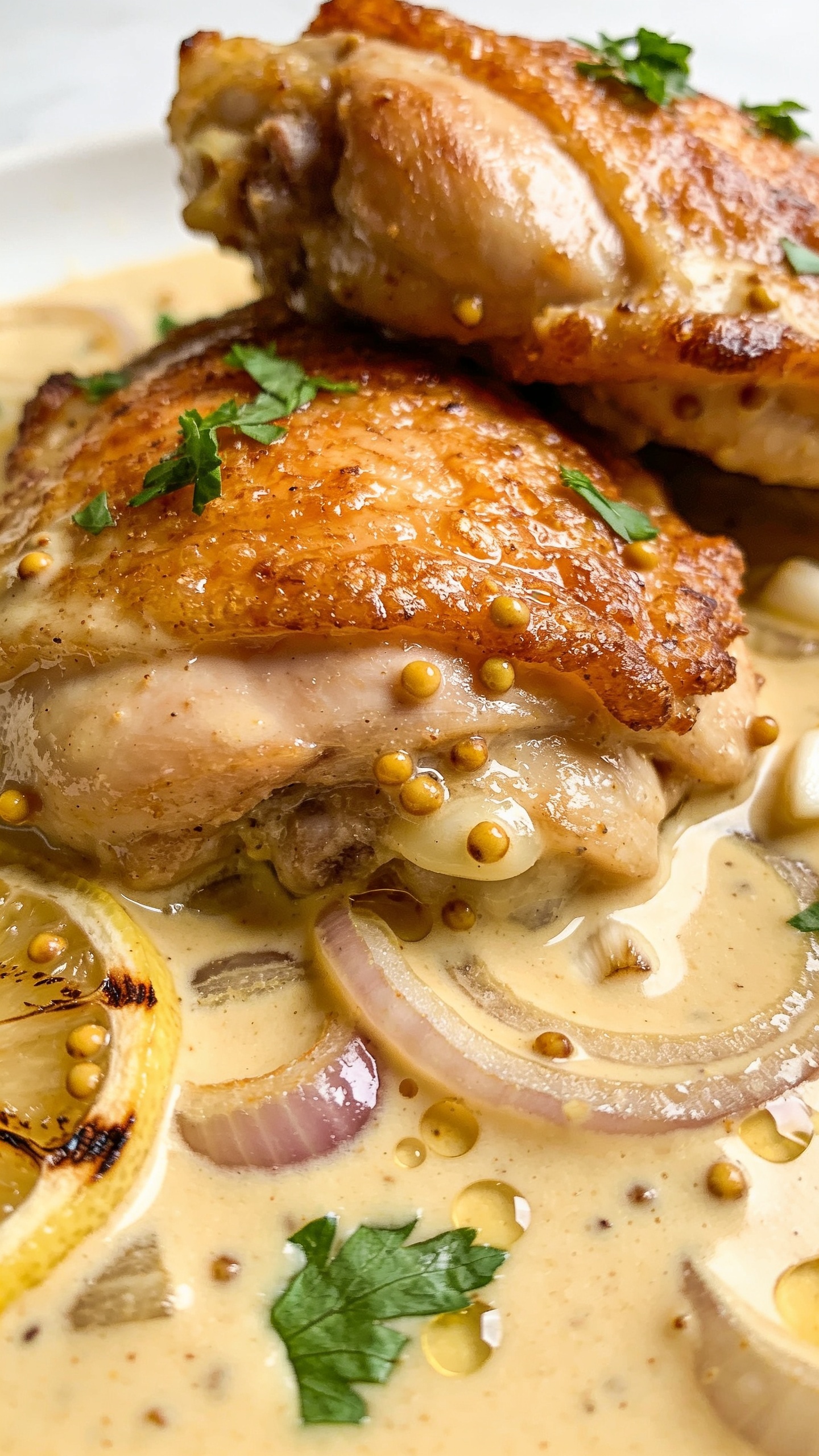 Macro close-up from a different angle of the same finished dish: tight focus on two overlapping chicken thighs half-submerged in the creamy Dijon sauce, showcasing crackly golden skin transitioning into tender meat beneath a glossy, pale-gold sauce marbled with mustard grains and tiny pools from reduced wine. SautĂŠed shallot rings and garlic bits visible, fresh parsley sprinkled over, with a subtle squeeze mark from a nearby charred lemon wedge adding micro droplets to the sauce surface. Bright natural top-front light, shallow depth of field isolating the front thigh; creamy ripples and crispy edges emphasized. Food fills 90â95% of the frame with premium food-blog styling on a neutral backdrop matching the first images.