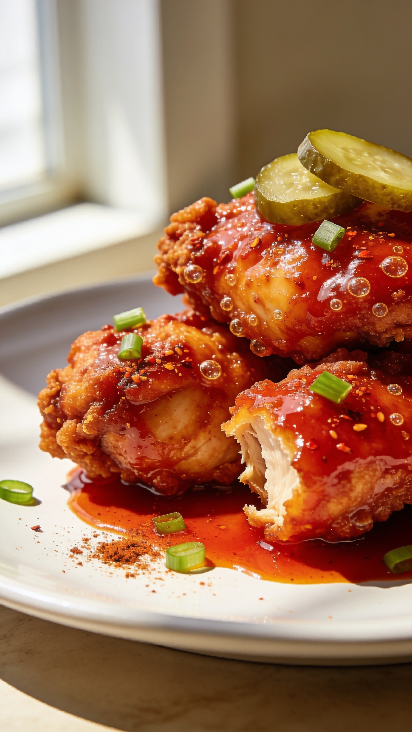 Extreme close-up hero shot of High Protein Nashville Hot Chicken Thighs: boneless, skinless chicken thighs fried to a deep golden-red crust with a glossy Nashville hot oil sheen, light chili flake shimmer, micro-bubbles of crisp breading, and a few pickles perched on top; served on a white shallow plate with a small pool of spicy red oil collecting at the base; thinly sliced green onions and a dusting of smoked paprika scattered for color; bright natural window light from the left, gentle shadows, shallow depth of field, background softly blurred to neutral warm tones; food fills 90â95% of frame, focus on ultra-crispy texture and juicy interior peeking at a torn edge.