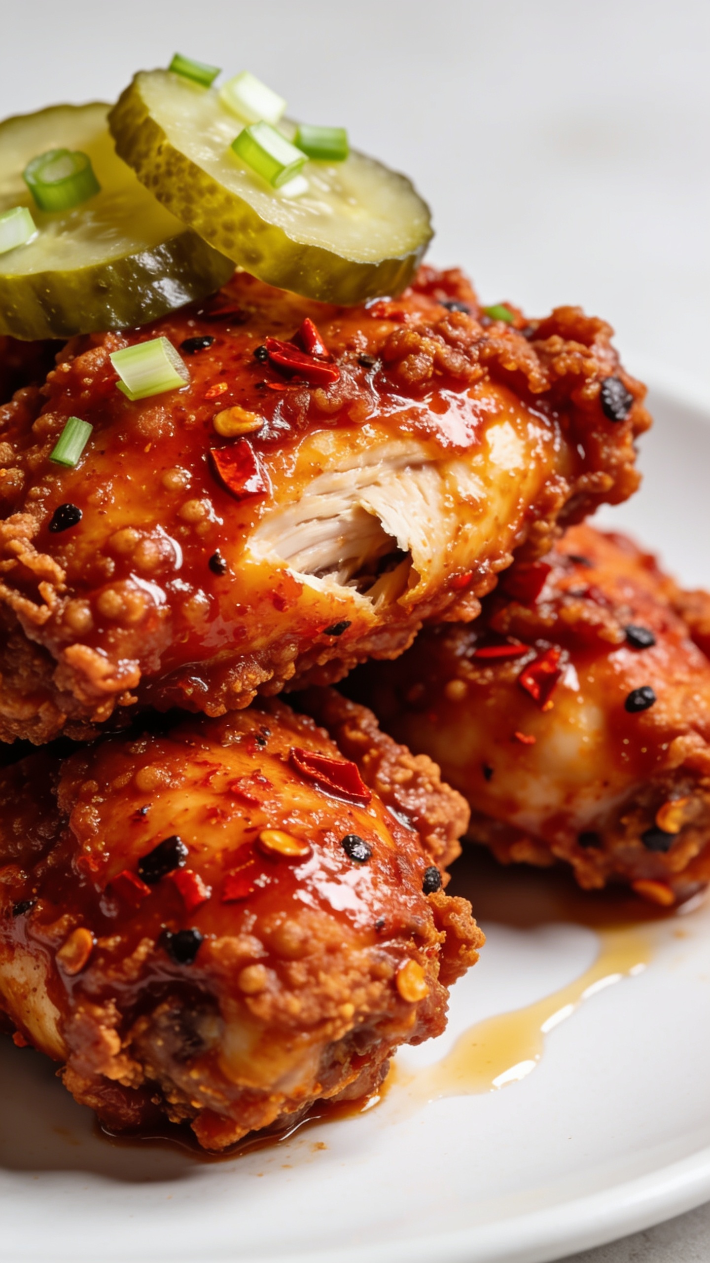 Ultra close-up three-quarter angle of the same finished Nashville Hot Chicken Thighs stacked slightly overlapping on a white plate: intensely crispy, dimpled breading saturated with a vibrant red cayenne-chile oil glaze, tiny flecks of chili and black pepper embedded; a few ridged dill pickle slices and a light sprinkle of green onions on top; a light brush of oil streak on the plate for shine; shot in bright natural light with shallow depth of field and soft neutral background; food fills 90â95% of frame, emphasizing crunchy edges, glossy heat, and juicy fibers visible at a small tear in one thigh.