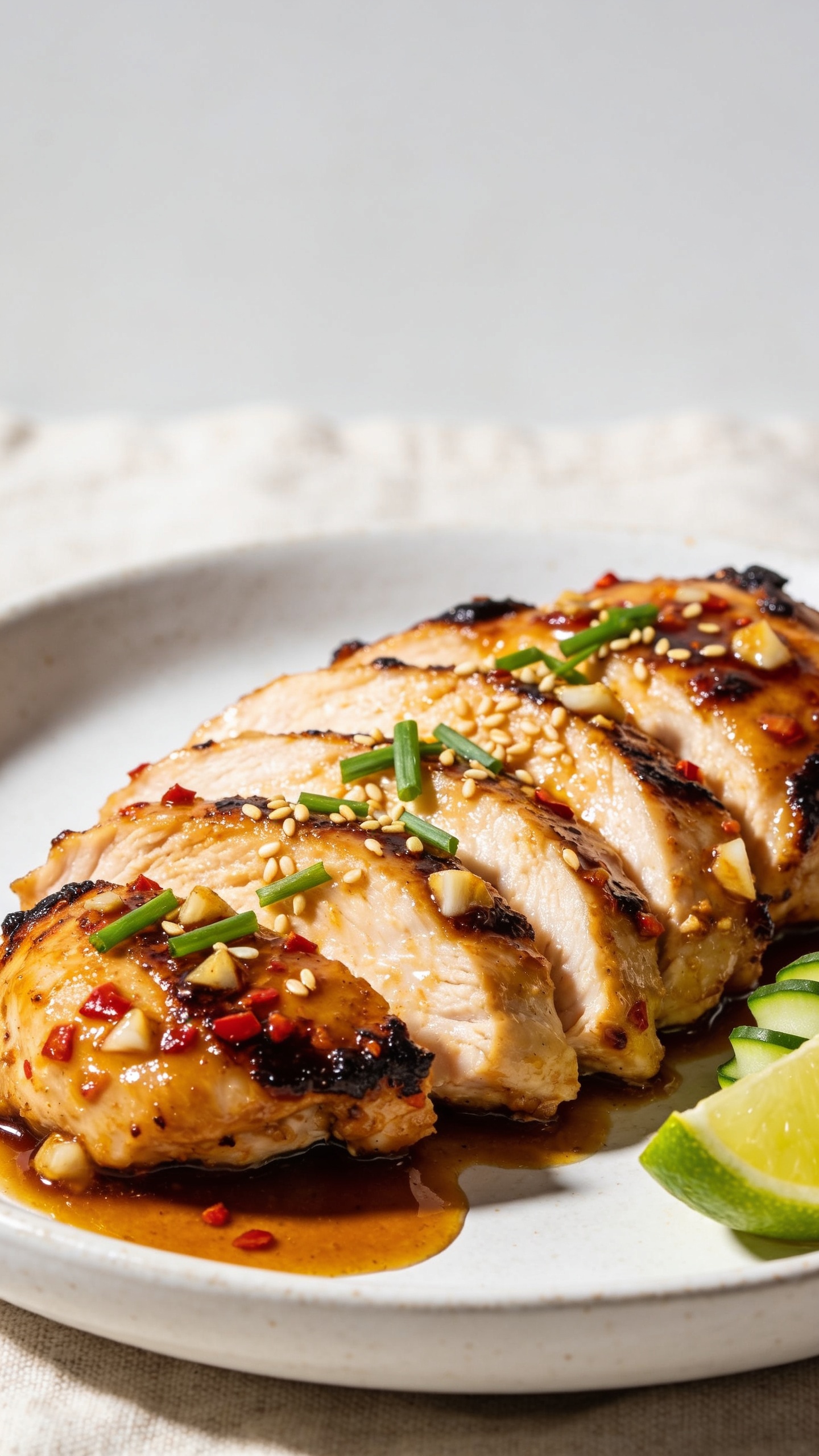 Ultra-close hero shot of finished High Protein Spicy Garlic Chicken Thighs: boneless, skinless thighs sliced into thick pieces and fanned on a shallow white ceramic plate, glossy spicy garlic glaze clinging to charred, caramelized edges; visible minced garlic and red chili flakes embedded in the lacquered sauce; thinly sliced green onions and a light sprinkle of toasted sesame seeds scattered on top; a small pool of sticky, deep-amber glaze gathering at the base; served with a wedge of lime and a few cucumber ribbons at the edge for color contrast (not the focus). Bright natural side lighting, shallow depth of field, crisp highlights on the glaze, 90â95% frame filled with the chicken, premium food-blog styling on a light linen with a neutral backdrop to keep all attention on the juicy, glossy thighs.