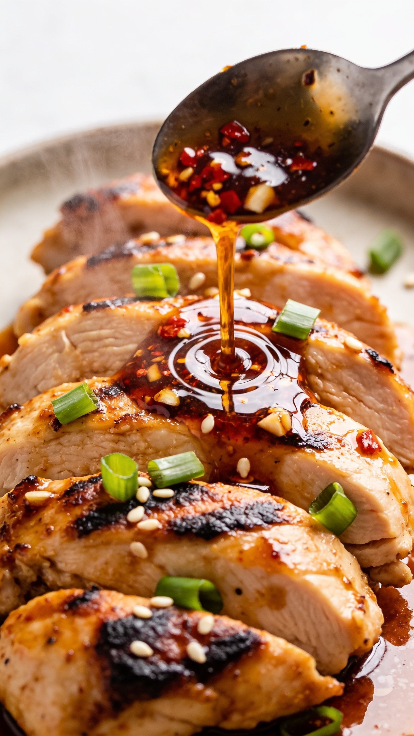 Macro angle from slightly overhead of the same plated chicken thighs: tightly cropped cluster of sliced, charred-edged thighs drenched in spicy garlic glaze; a slow spoon-drizzle of extra glossy sauce mid-pour onto the center slice, forming luscious ripples and tiny reflective highlights; crushed red pepper and minced garlic visible in the pour; fresh green onion slices and a few sesame seeds cascading onto the hot surface; faint steam wafting upward. Neutral ceramic plate barely visible, bright natural light and shallow depth of field, rich colors and textures, 90â95% of the frame dominated by the chicken and sauce.