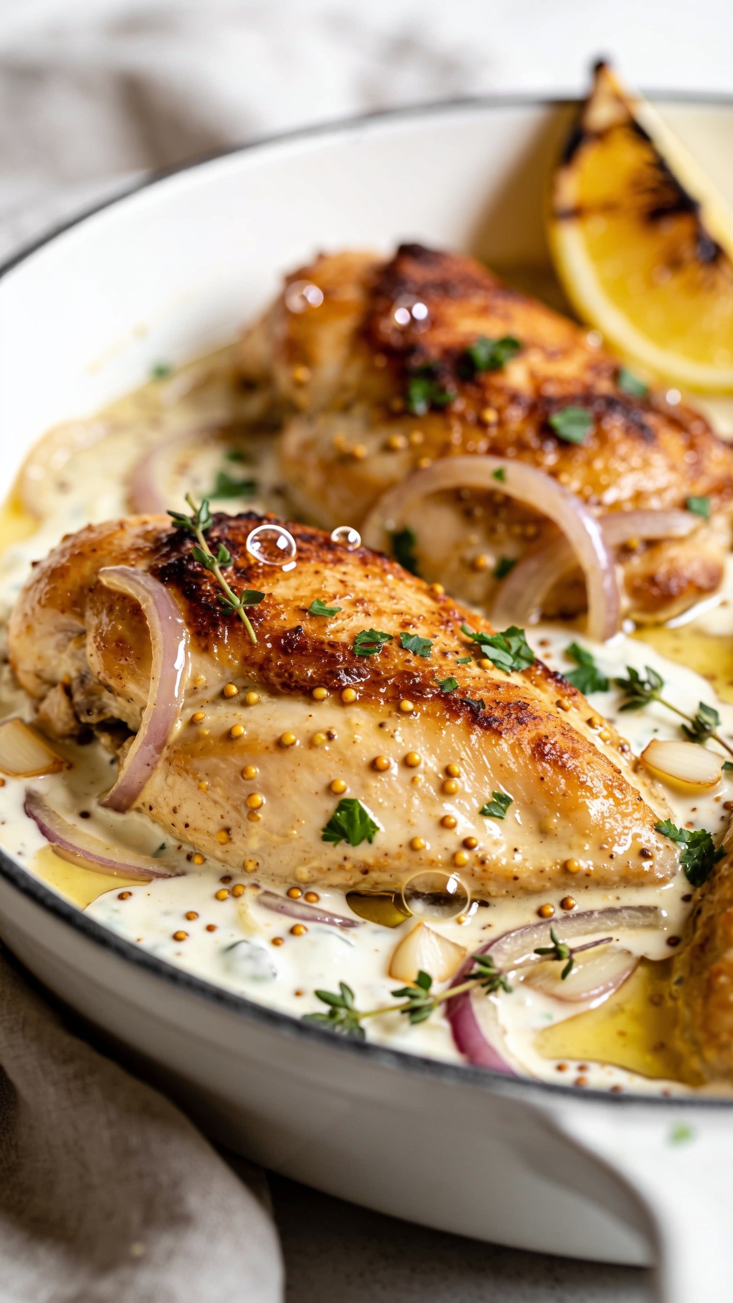 Extreme close-up hero shot of High Protein Creamy Dijon Chicken Thighs: golden pan-seared, bone-in or boneless thighs nestled in a glossy, tangy-creamy Dijon sauce made with Greek yogurt, flecks of whole-grain mustard seeds visible, thinly sliced sautĂŠed shallots and softened garlic in the sauce, a splashy sheen from reduced white wine, garnished with finely chopped fresh parsley and a few delicate thyme leaves. Serve in a shallow white ceramic skillet or low bowl, with a wedge of charred lemon tucked at the edge and a few micro-bubbles of sauce clinging to crispy edges of the chicken skin. Bright natural side light, shallow depth of field focusing on the front thigh, background softly blurred with hints of neutral linen. Food fills 90â95% of frame; rich textures, creamy swirls, and caramelized browning clearly visible.