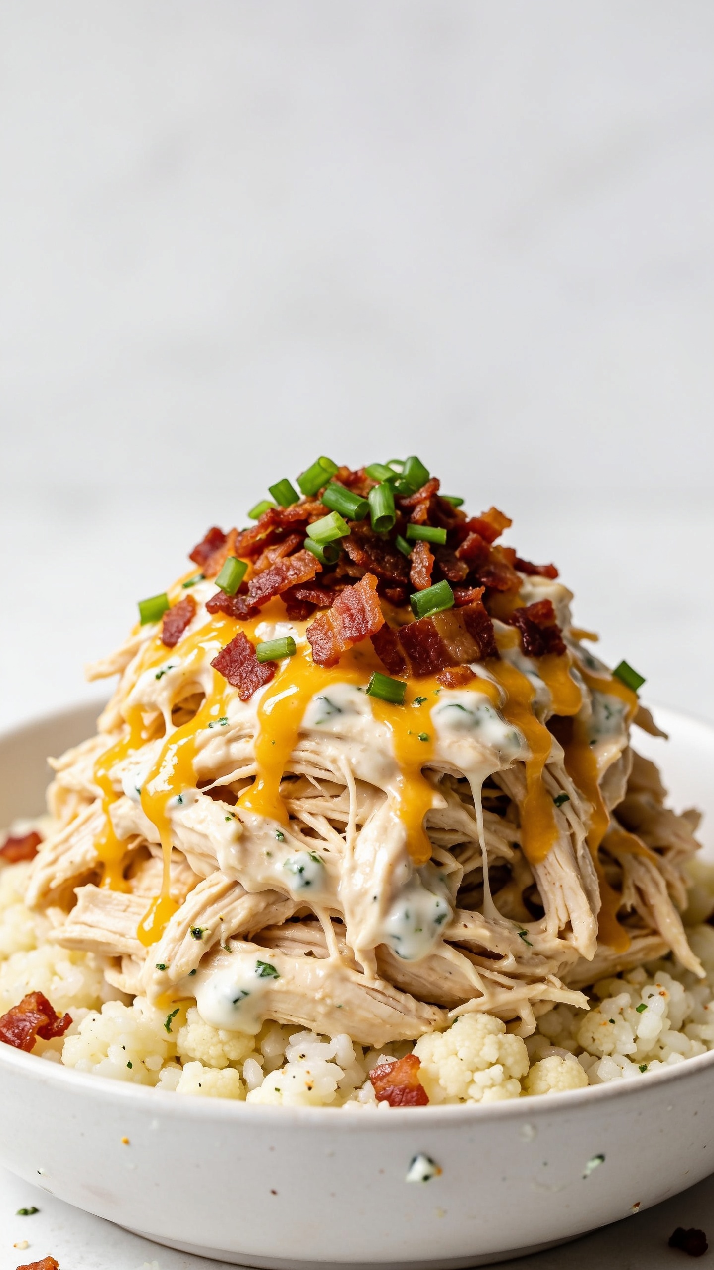 Ultra-close hero shot of High Protein Crockpot Crack Chicken: a heaping mound of shredded slow-cooker chicken breast folded with creamy light cheese and ranch, glossy and moist, streaked with melted cheddar, topped with a generous scatter of crispy chopped bacon and finely sliced green onions. Serve in a shallow white ceramic bowl over a small bed of fluffy cauliflower rice for contrast, with a few extra bacon crumbles and ranch seasoning specks visible. Bright natural side lighting, shallow depth of field, creamy sauce sheen catching highlights, rich textures of shreds and cheese pulls, vibrant greens, 90â95% frame filled with food, clean neutral background, premium food-blog styling.
