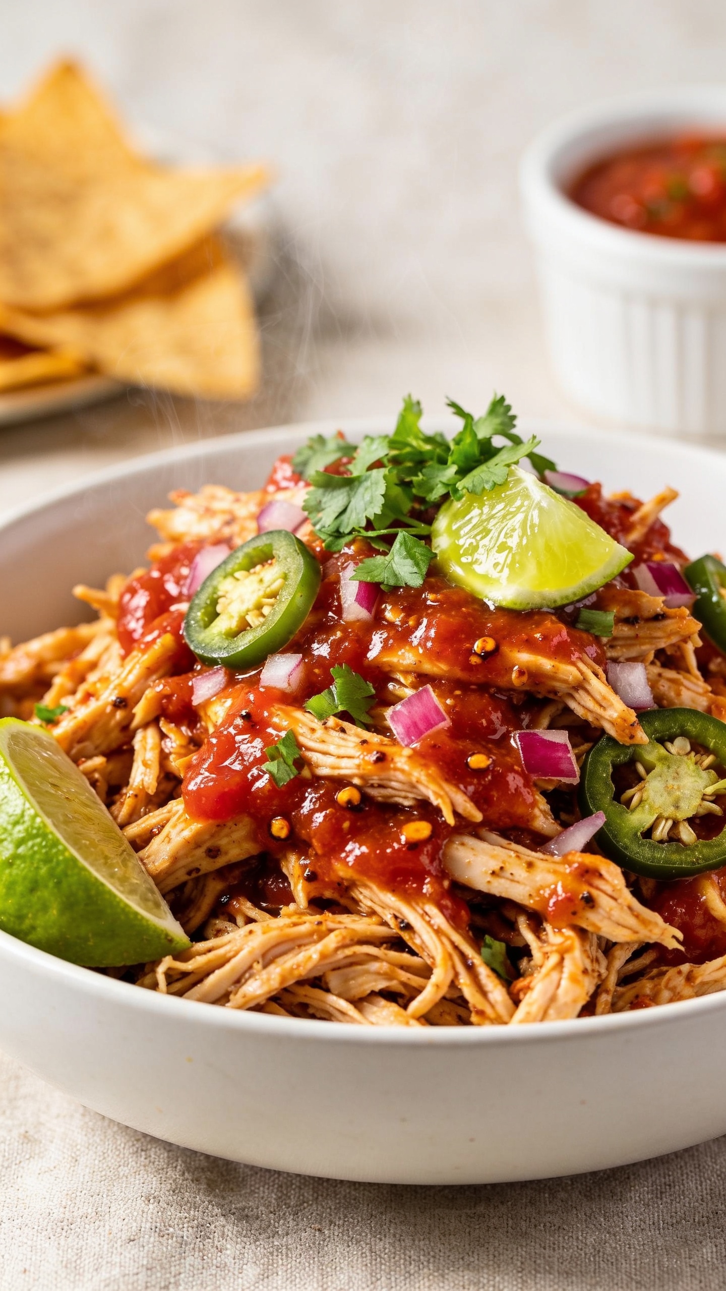 Ultra close-up hero shot of High Protein Crockpot Salsa Chicken: juicy shredded chicken piled high in a shallow white bowl, glistening with a glossy red-roasted tomato salsa sauce, visible flecks of cumin and chili, a squeeze of lime sheen, and finely chopped fresh cilantro sprinkled over the top. Add a few thinly sliced jalapeños and diced red onion for pop, with a small side of lime wedges tucked at the rim. Background: neutral light linen and a blurred hint of warm tortilla chips and a small ramekin of salsa. Bright natural side lighting, shallow depth of field, crisp textures, steam subtly rising, 90–95% frame filled with the saucy shredded chicken.