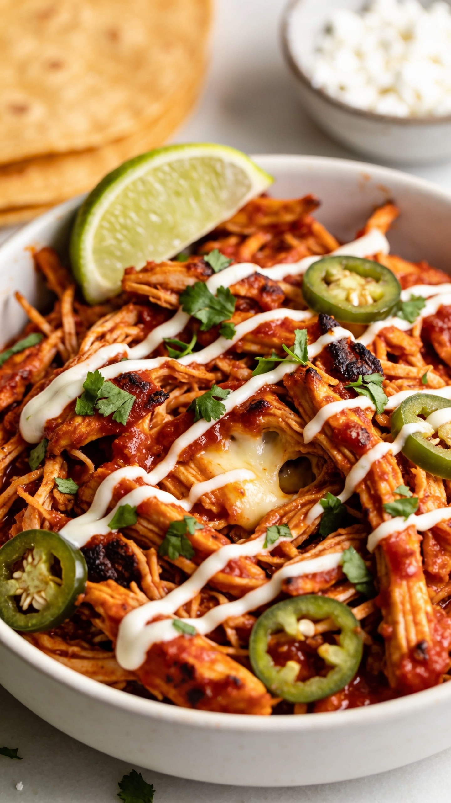 Tight overhead three-quarter close-up of the finished salsa chicken in a shallow white bowl, emphasizing succulent strands of shredded chicken lacquered in rich red salsa, caramelized edges, and pockets of melted cheese nestled between shreds. Garnish with micro-chopped cilantro, a few thin jalapeño rounds, and a light drizzle of crema zigzagging for contrast, with a lime wedge pressed against the rim. Background softly blurred with a hint of warm tortillas and a small bowl of cotija. Bright natural lighting, shallow depth of field, 90–95% frame filled with the vibrant, saucy chicken.