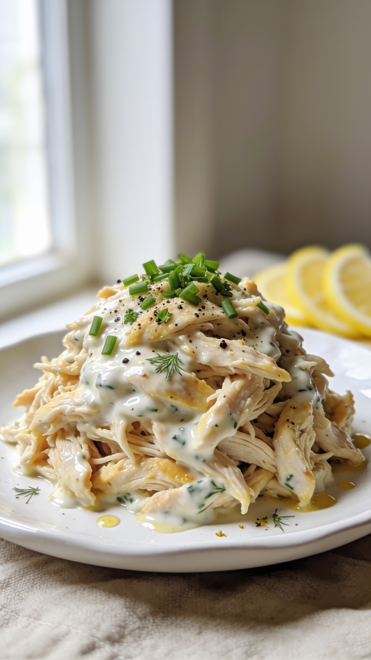 Ultra-close hero shot of High Protein Crockpot Ranch Chicken: a heaping mound of juicy shredded chicken tossed in glossy ranch-garlic sauce with a creamy Greek yogurt sheen, nestled on a white shallow plate, topped with a sprinkle of finely chopped fresh chives and cracked black pepper, a few visible flecks of dried dill and parsley from the ranch seasoning, tiny pooled glints of sauce around the edges, and a side cluster of thin lemon wedges slightly blurred in the background. Bright natural window light from the left, shallow depth of field, creamy bokeh, neutral linen beneath the plate, color palette of warm golden chicken with herb-speckled creaminess, consistent texture and styling for every image in the set. Food fills 90–95% of frame.
