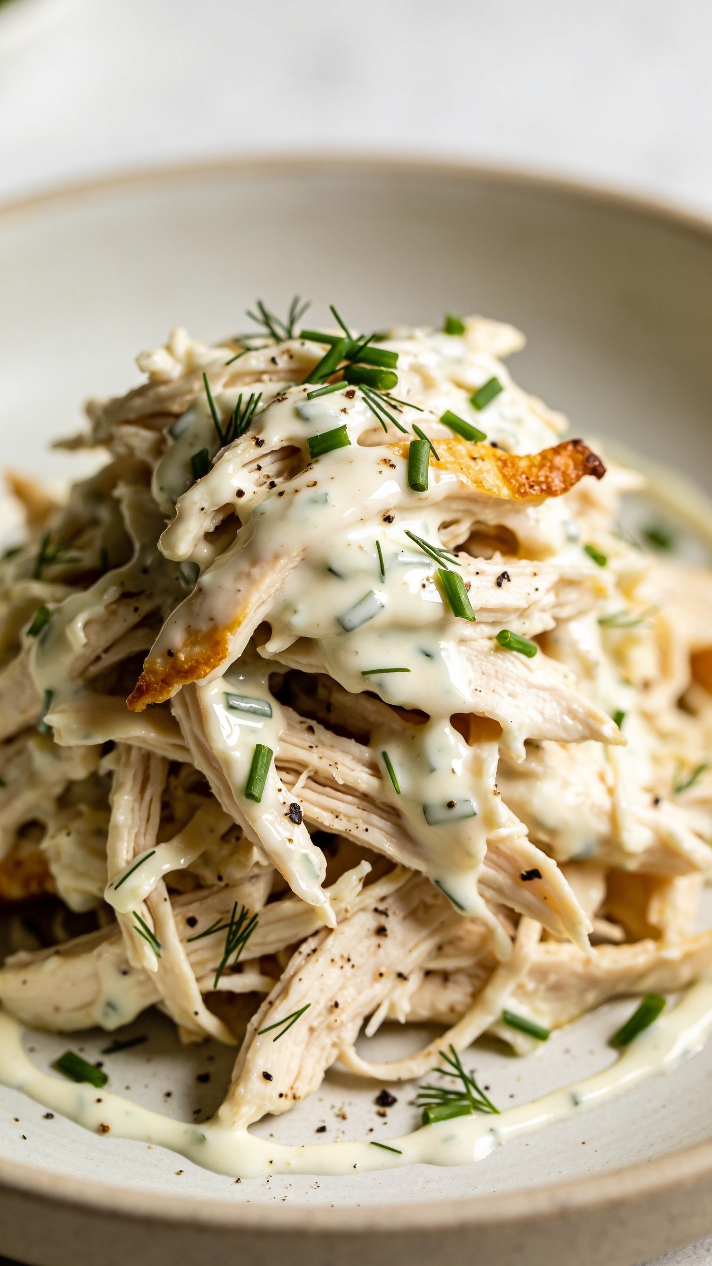 Extreme close-up from a low 3/4 angle of the same finished ranch chicken piled high in a shallow bowl: tender shreds layered to show juicy interior fibers, creamy ranch-garlic sauce lacquered over the top with glossy highlights, crispy golden edges on a few strands for texture contrast, fresh chives sprinkled unevenly, a dusting of black pepper and dill specks visible. A faint swirl trail of sauce circles the base of the pile. Bright natural lighting, shallow depth of field isolating the front-most shreds in sharp focus, cohesive styling matching images 1 and 2, food filling 90–95% of frame.