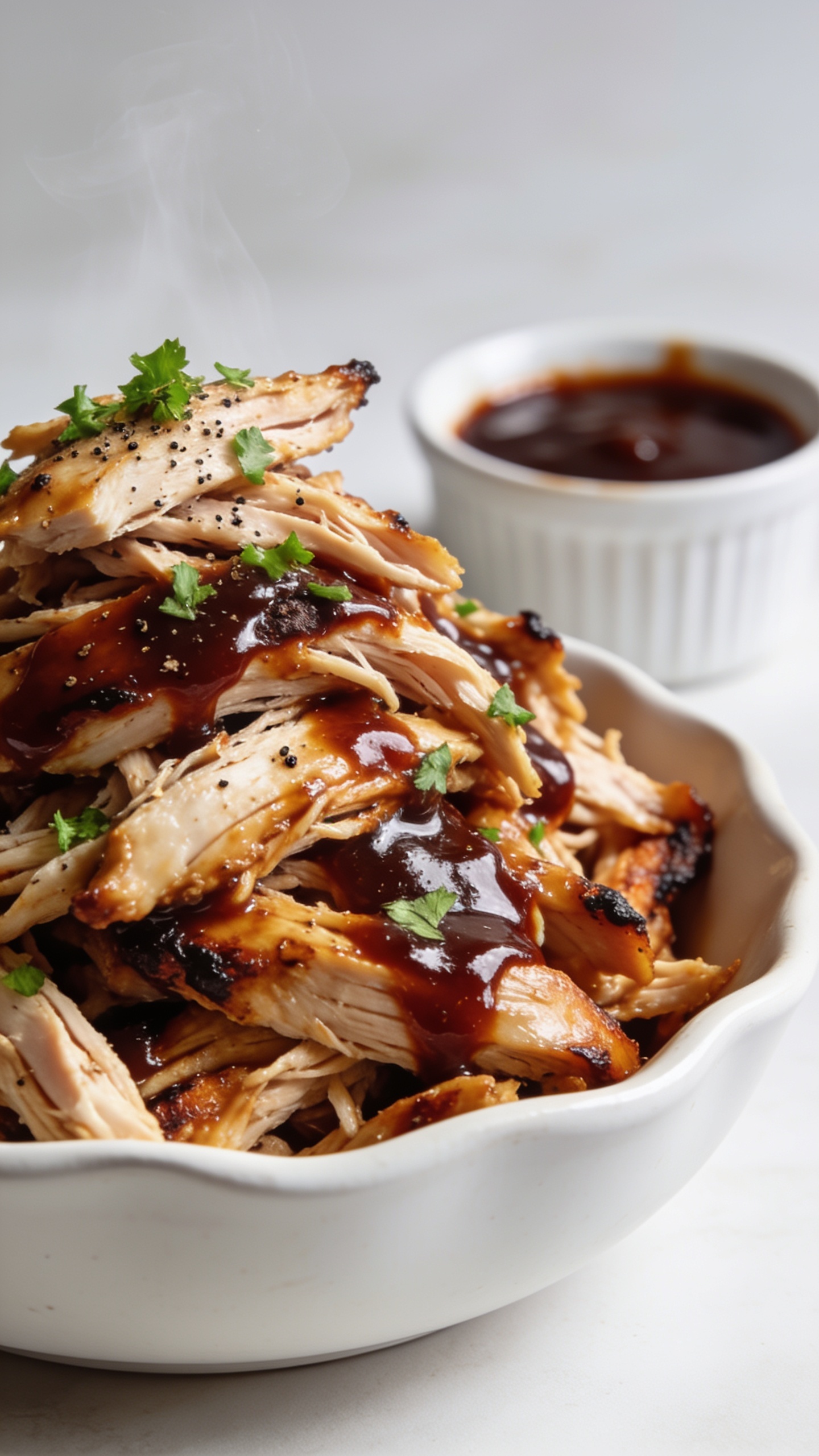 Ultra-close-up hero shot of high-protein crockpot BBQ chicken piled on a white ceramic shallow bowl, the shredded chicken glistening with a thick, glossy, deep mahogany BBQ sauce. Visible juicy strands and moist fibers, lightly charred caramelized edges, a few tender shreds stacked naturally for height. Garnished with finely chopped fresh parsley and a sprinkle of black pepper, with a small ramekin of extra BBQ sauce blurred in the background. Bright natural side lighting, shallow depth of field, clean neutral backdrop, minimal props. Food fills 90–95% of the frame, textures crisp and mouthwatering, steam subtly rising to show warmth.