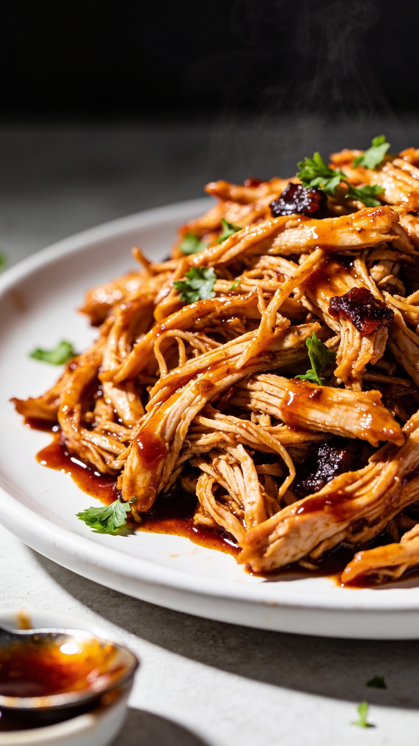Tight angle macro of the same finished shredded BBQ chicken on a matte white plate, shot three-quarters from the side to emphasize juicy texture: intertwined shreds, sticky lacquered sauce pooled lightly in glossy swirls, a few darker caramelized bits for contrast. Fresh parsley scattered sparingly, a faint sheen of steam, and a blurred spoonful of extra sauce in a tiny bowl at the edge of the frame. Bright natural light, directional highlights on the sauce, shallow depth of field, food dominating 90–95% of the frame with premium food-blog styling and vivid, rich color.