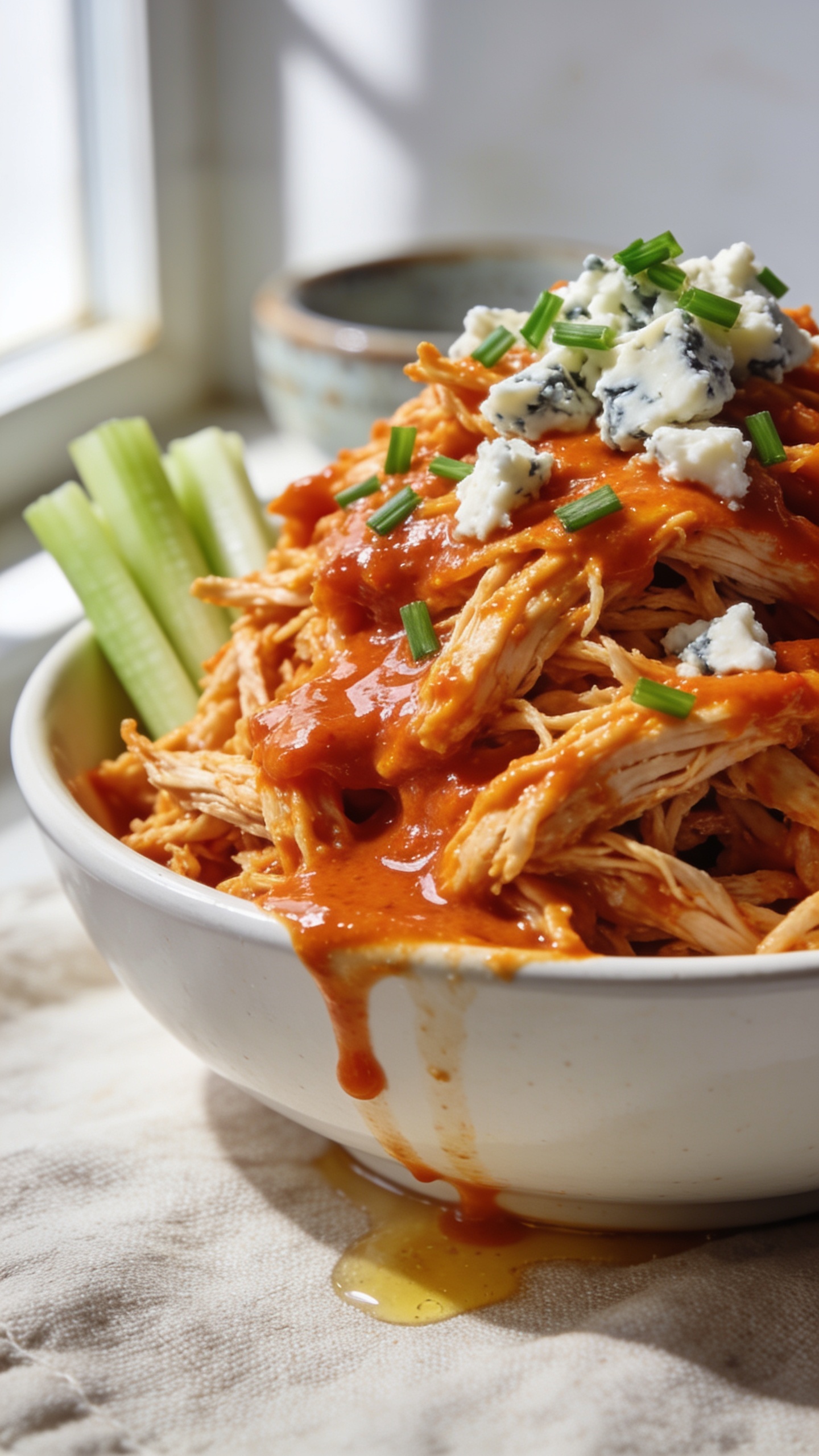 Ultra-close hero shot of shredded crockpot buffalo chicken piled high in a shallow white bowl, saturated orange-red glossy buffalo sauce clinging to juicy shreds, a light drizzle of extra sauce pooling around the edges, faint sheen of melted butter in the sauce, topped with finely chopped fresh chives and a sprinkle of crumbled blue cheese, a few thin celery slices tucked to the side for color contrast, bright natural window light from the left, soft shadows, shallow depth of field with the front shreds tack-sharp and background gently blurred, premium food-blog styling on a neutral linen with a subtle ceramic texture, food filling 90â95% of frame, no text.