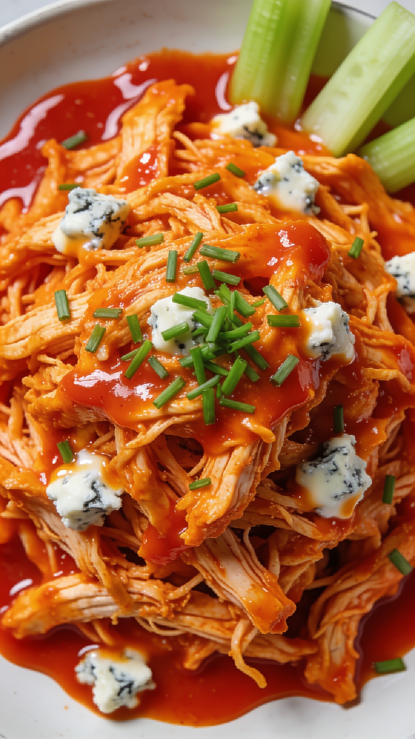 Tight macro angle from slightly overhead focusing on texture: a generous mound of the same shredded buffalo chicken glistening with thick, tangy sauce, ripples and pooling around the edges, scattered micro crumbles of blue cheese melting at contact points, fresh chives freshly sprinkled across the top, a few crisp celery slices peeking in at the rim for pop, bright natural light enhancing vibrant orange-red tones, shallow depth of field with emphasis on saucy, fibrous strands and glossy highlights, food filling 90â95% of frame, cohesive styling matching the first images, no text.