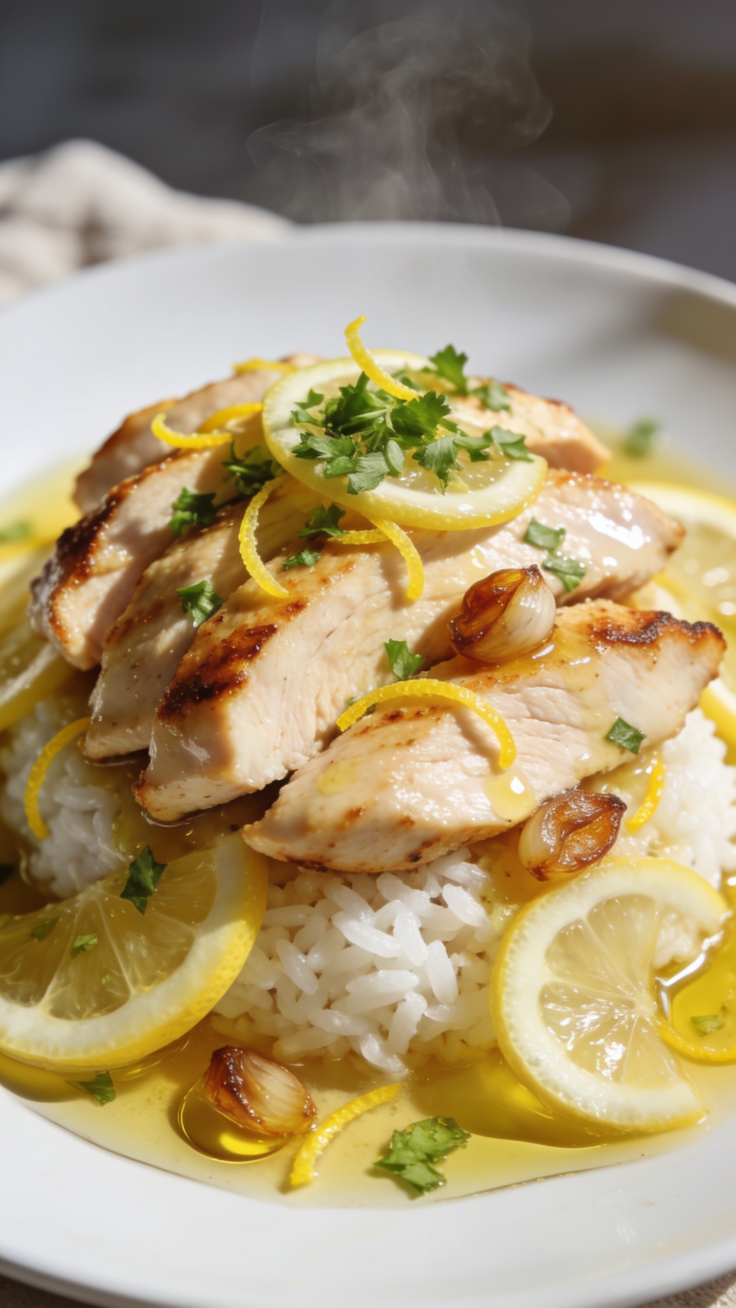 Extreme close-up hero of High Protein Crockpot Lemon Garlic Chicken, plated as sliced boneless chicken breasts piled over a small bed of fluffy white rice, drenched in glossy lemon-garlic pan juices; thin lemon slices and lemon zest scattered, golden browned edges on the chicken, finely chopped fresh parsley sprinkled on top, a few caramelized garlic cloves visible, and a light shimmer of olive oil; vibrant, sunlit tones with bright natural side lighting, shallow depth of field isolating the chicken, soft bokeh background with a blurred white plate and neutral linen, 90â95% of frame filled with the dish, premium food-blog styling, steam faintly rising to suggest warmth.