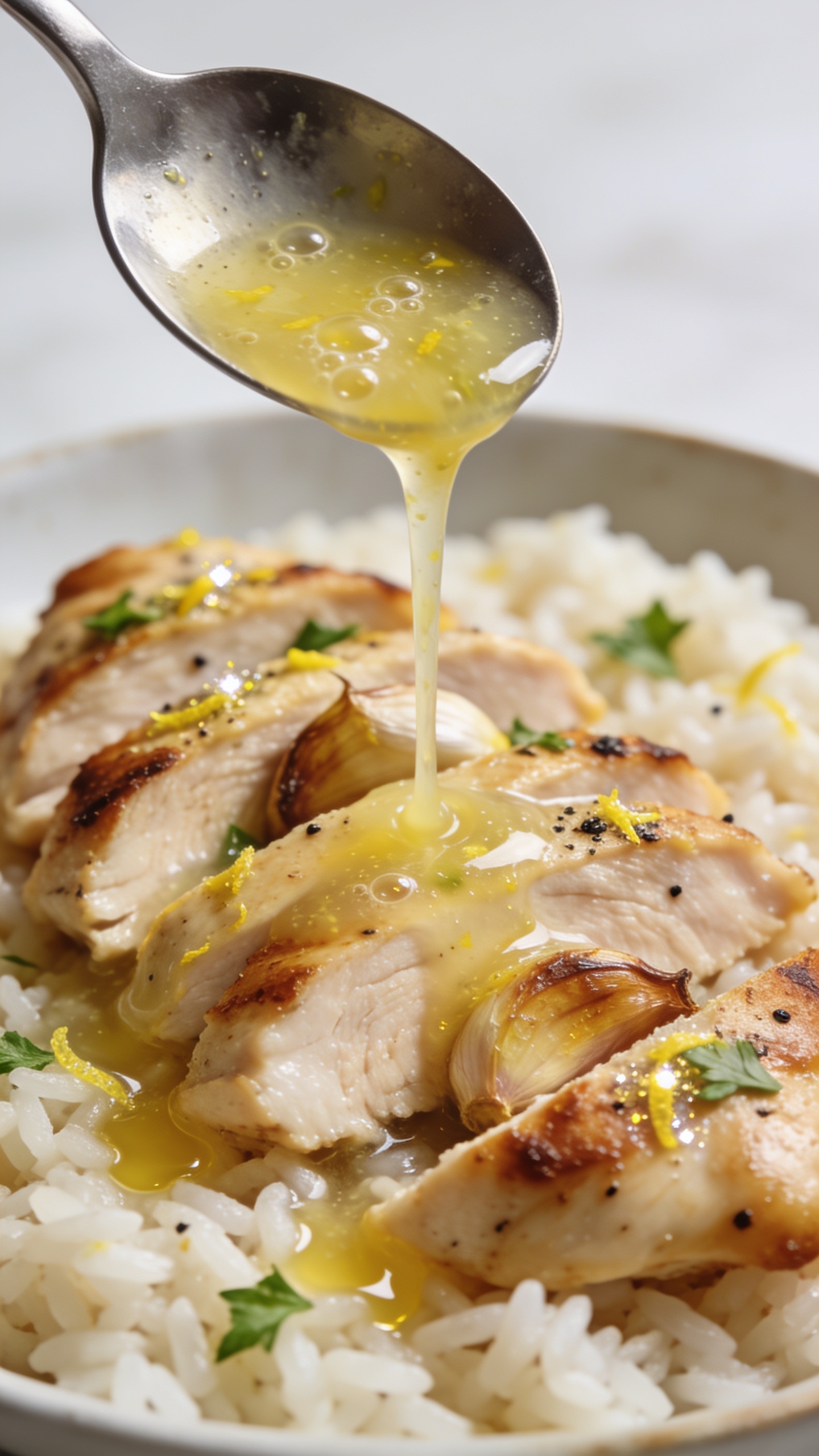 Macro close-up from a low 3/4 angle of the same finished lemon-garlic chicken over rice as a ladle-thin stream of glossy lemon-garlic sauce is being poured over the sliced chicken; sauce highlights catching the light with tiny bubbles, pooling in the rice crevices; browned edges and moist interior of the chicken visible, specks of black pepper, parsley, and lemon zest sparkling; a few roasted garlic cloves tucked between slices; bright, clean natural lighting, shallow depth of field with soft bokeh, 90â95% frame filled with the dish, cohesive with the hero imageâs styling.