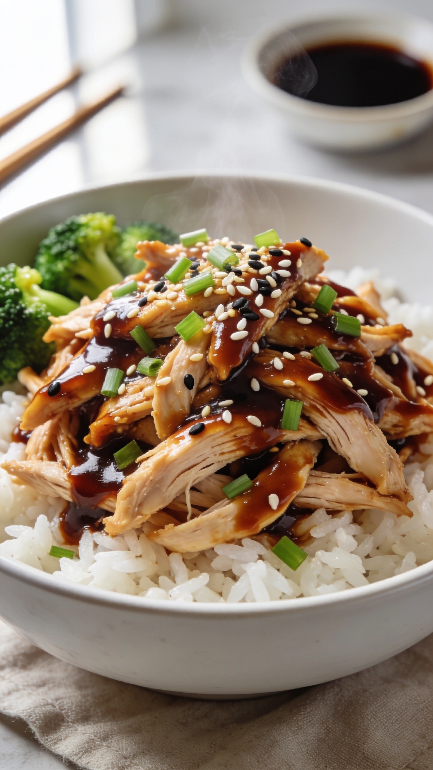 Ultra-close hero shot of High Protein Crockpot Teriyaki Chicken: tender shredded chicken breast piled high in a shallow white bowl over fluffy steamed white rice, generously coated in a thick, glossy dark mahogany teriyaki glaze; scattered with finely sliced green onions and toasted white and black sesame seeds; a few vibrant steamed broccoli florets tucked to the side for color contrast. Bright natural window light from the left, soft shadows, shallow depth of field with the front shreds in razor focus showing juicy fibers and lacquered shine; subtle wisps of steam rising. Neutral linen beneath the bowl, blurred soy-sauce dish and chopsticks in the background bokeh to imply context. Food fills 90â95% of the frame, rich textures, premium food-blog styling, no text.