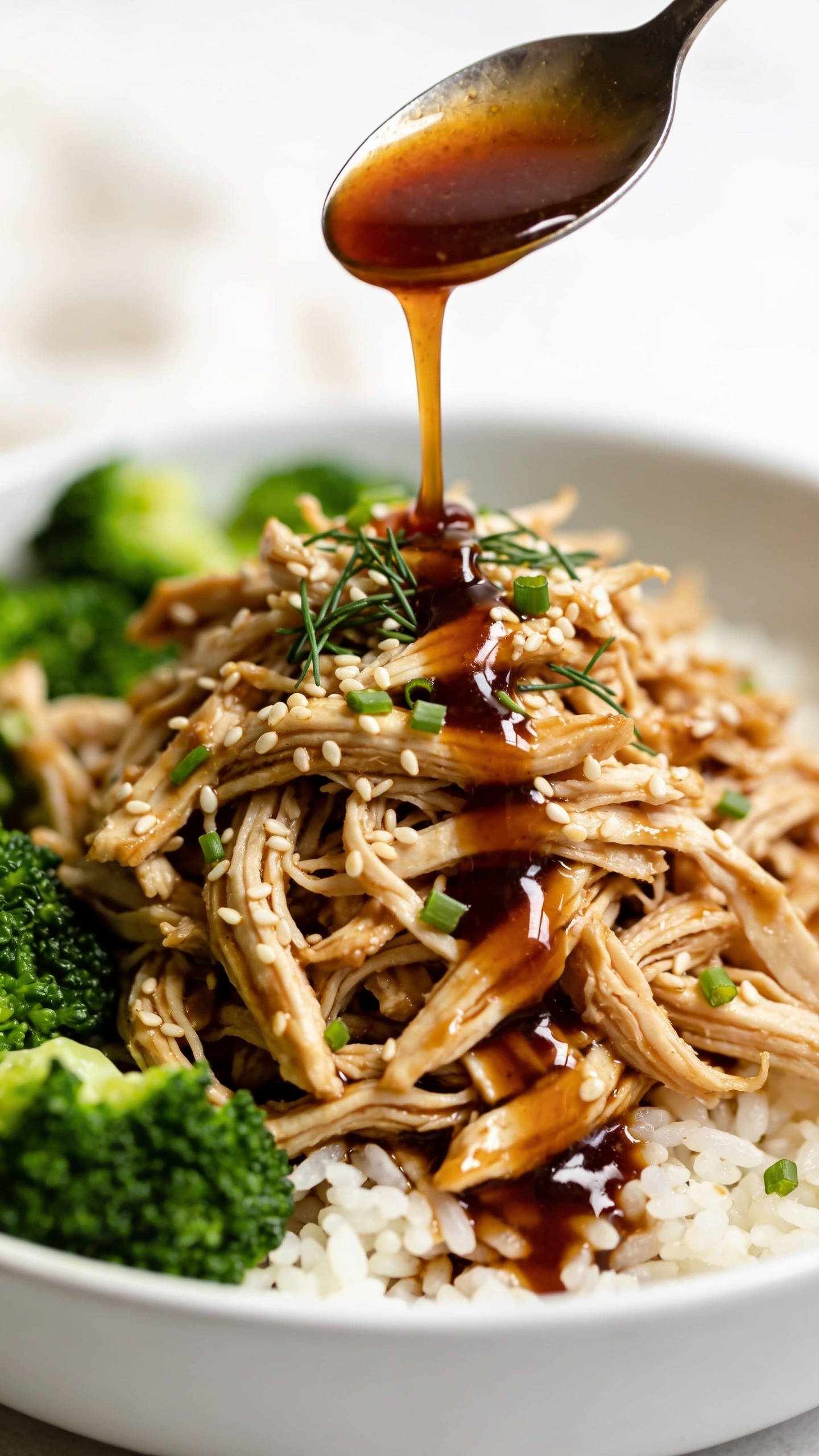 Extreme close-up from a three-quarter angle of the plated dish emphasizing texture: shredded chicken mounded over rice, every strand lacquered in thick teriyaki sauce pooling slightly at the base; sesame seeds and micro-chopped green onions sprinkled across; a glossy spoon-sized drizzle of extra sauce streaked over the top for sheen. Vibrant broccoli crowns frame one edge, softly blurred. Bright natural lighting with gentle specular highlights on the glaze, shallow depth of field isolating the front shreds in crisp focus. Clean white bowl on a neutral surface, minimal props in creamy bokeh. Food fills 90â95% of the frame, rich, fresh, irresistible.