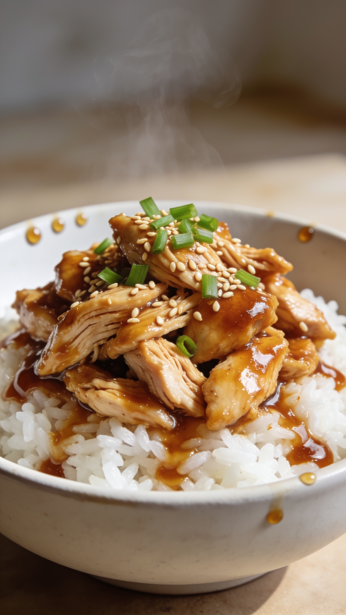 Extreme close-up hero shot of High Protein Crockpot Honey Garlic Chicken: bite-sized pieces of juicy shredded-and-chunked chicken breast glazed in a thick, glossy honey-garlic sauce, piled over fluffy white jasmine rice in a shallow matte-white bowl. Sauce clings and pools lightly around the rice with a lacquered sheen; toasted sesame seeds and finely sliced green onions scattered on top; a few micro droplets of glaze on the rim for realism. Bright natural side lighting, shallow depth of field, soft bokeh background, warm neutral tabletop, no hands. Food fills 90â95% of frame, emphasizing sticky glaze, tender chicken fibers, and steam subtly rising.