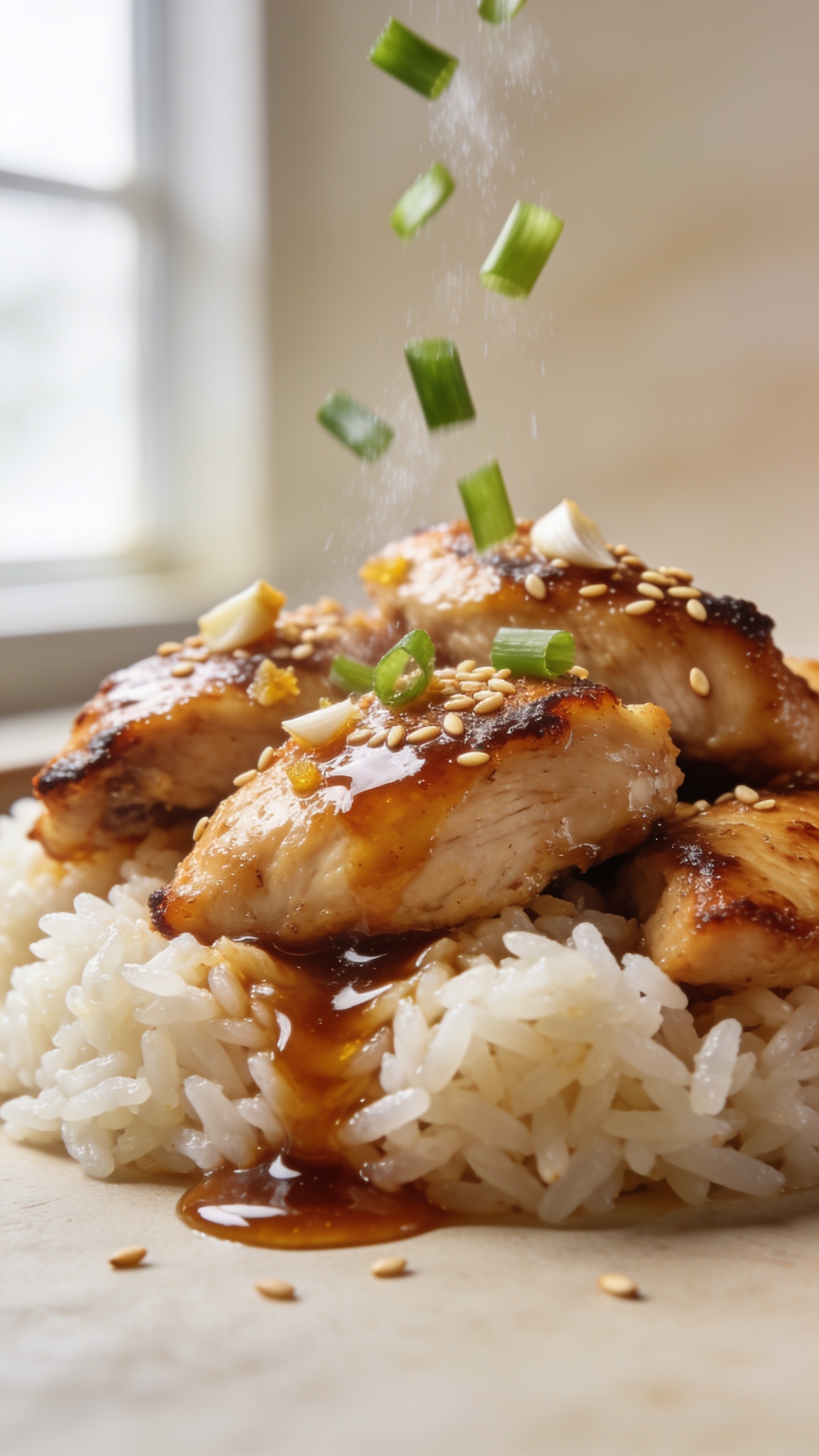 Ultra-close macro from a low angle of the same finished dish: chicken pieces nestled over jasmine rice with extra spooned-on glaze pooling in the rice valleys, highlighting sticky-sweet sheen and caramelized edges. Visible minced garlic, golden-brown lacquer, toasted sesame seeds, and freshly sliced green onions falling mid-air onto the chicken (frozen in motion). Natural window light, gentle highlights on the glaze, shallow depth of field with creamy background, warm neutral surface. Food dominates 90â95% of the frame, textures crisp and mouthwatering.
