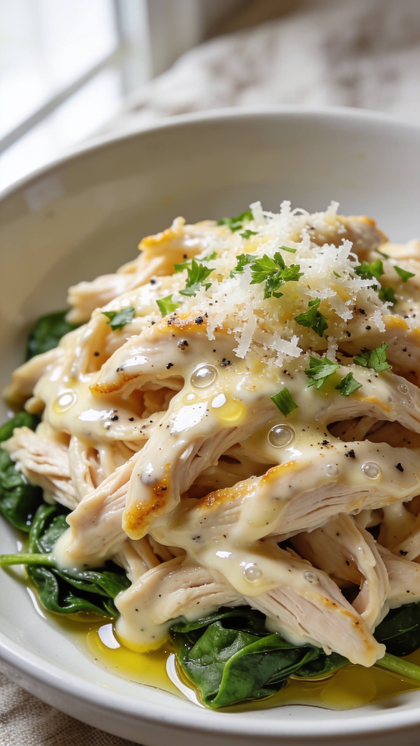 Ultra close-up hero shot of High Protein Crockpot Garlic Parmesan Chicken: juicy shredded chicken breasts coated in a glossy, creamy garlic-Parmesan sauce, strands of chicken glistening with micro-beads of butter and cream, finely grated Parmesan melting on top, golden edges where sauce has thickened, flecks of freshly cracked black pepper, and a shower of bright chopped parsley for contrast. Served in a shallow white bowl over a small bed of sautĂŠed baby spinach for color, with a light drizzle of olive oil pooling around the edges. Bright natural window light from the left, soft shadows, shallow depth of field focusing on the glossy chicken shreds and melted cheese, food filling 90â95% of the frame, premium food-blog styling with a faint linen texture blurred in the background.