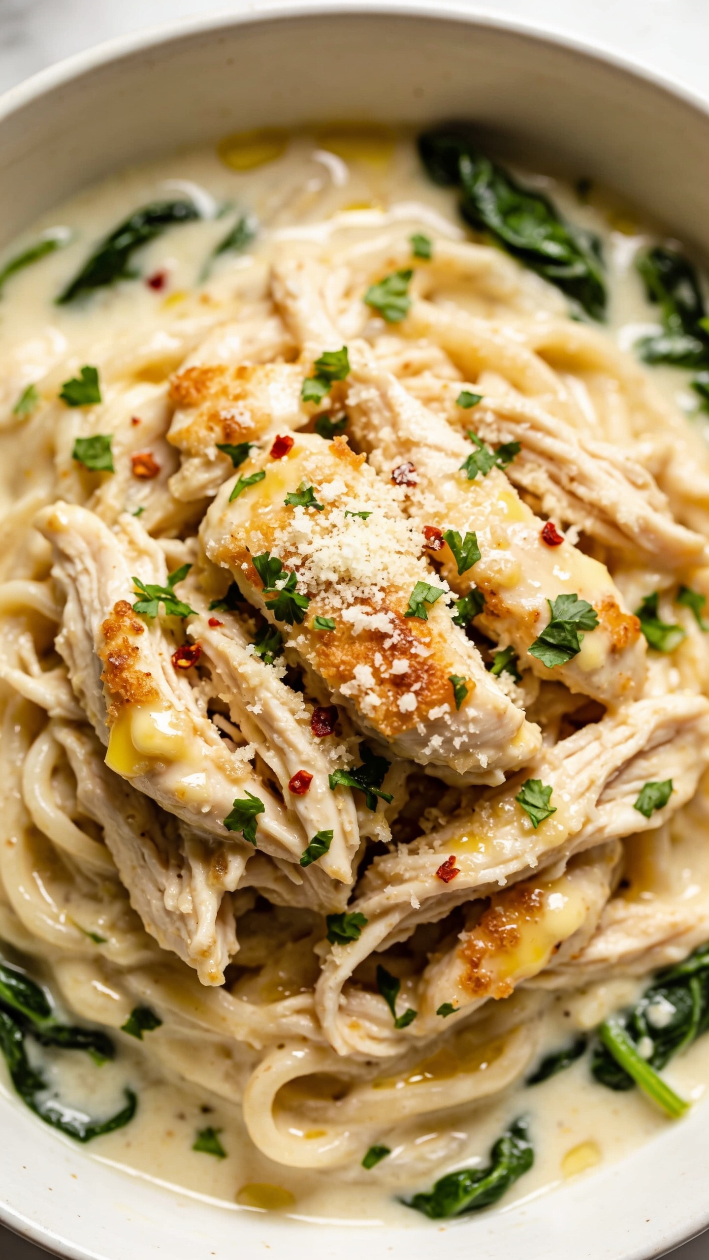 Tight macro angle from slightly overhead: the same finished creamy garlic Parmesan chicken in a shallow white bowl, sauce luxuriously pooled and glistening with a faint butter sheen. Visible tender shreds intertwined, toasted golden bits where cheese met heat, finely grated Parmesan dusted over top and just beginning to melt, with fresh parsley sprinkled evenly for bright green pops. A few crushed red pepper flakes for subtle warmth, and a hint of sautĂŠed spinach around the rim for color continuity. Bright natural side lighting, shallow depth of field focusing on the center cluster of chicken, food occupying 90â95% of the frame, crisp textures and rich, creamy tones captured like a premium food magazine close-up.