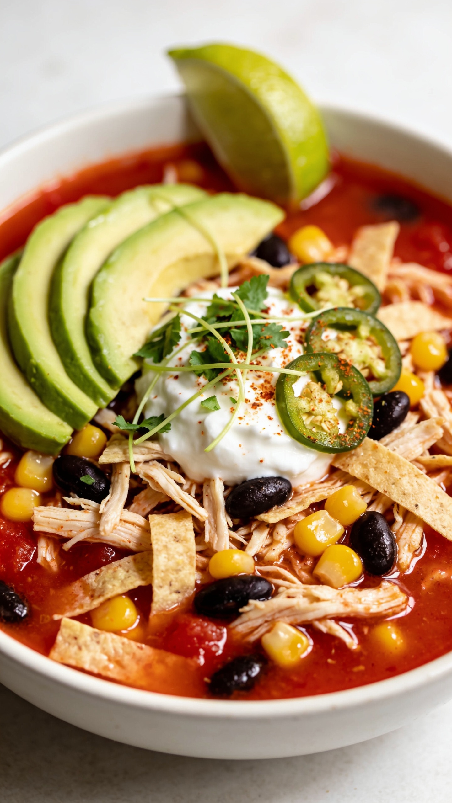 Ultra-close hero shot of High Protein Crockpot Chicken Tortilla Soup in a shallow white bowl, 90â95% frame filled with food; rich tomato-chicken broth shimmering with a light glossy sheen; generous shreds of tender chicken, black beans, sweet corn kernels, and softened tortilla strips visible throughout; topped with a dollop of creamy Greek yogurt, ripe avocado slices fanned on one side, a sprinkle of chopped fresh cilantro, thin jalapeño rings, and a light dusting of chili-lime seasoning; squeeze of lime wedge tucked at the rim; bright natural side lighting with soft highlights on the glossy surface, shallow depth of field blurring a minimal neutral tabletop; vibrant reds, golden corn, deep blacks, and fresh greens popping in premium food-blog styling.