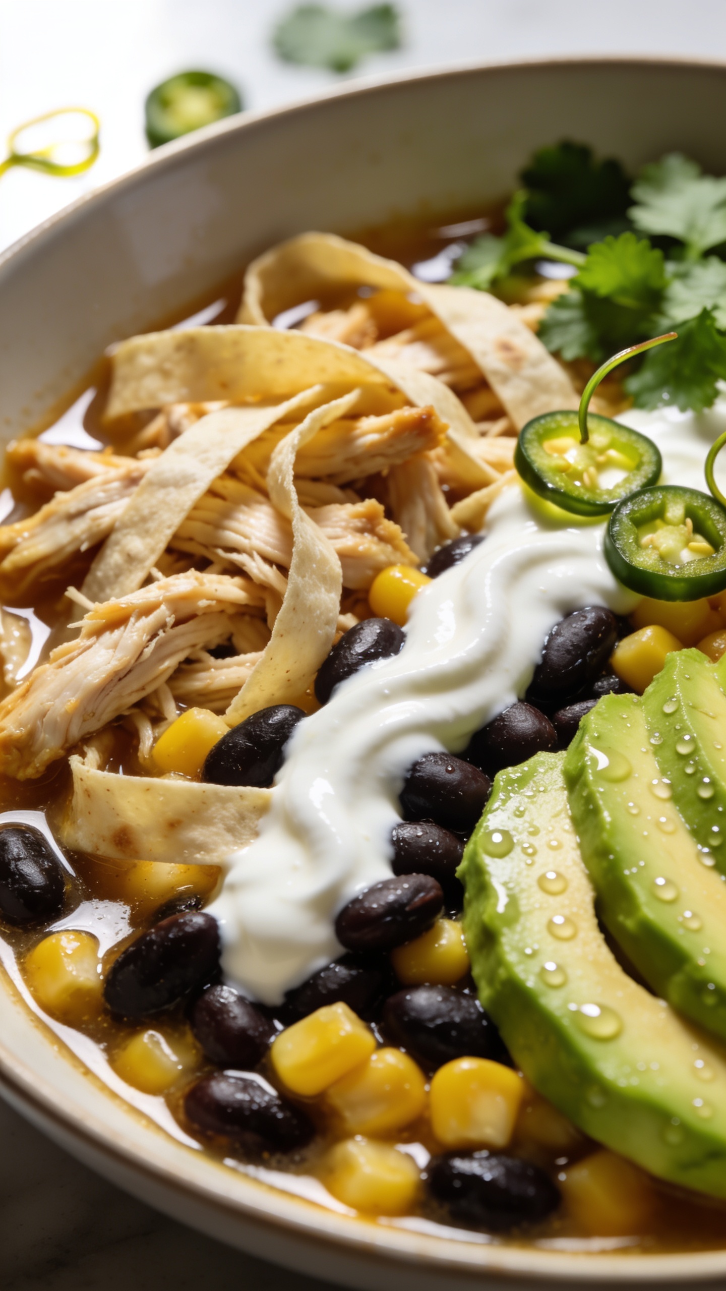 Extreme close-up from a low 3/4 angle of the same finished soup, 90â95% frame filled with food; focus on textures: succulent chicken shreds intertwined with softened tortilla strips, glossy broth pooling around plump black beans and corn; creamy Greek yogurt gently swirled into a marbled streak, avocado slices glistening with micro-beads of moisture, fresh cilantro scattered, a few thin jalapeño rings catching the light; bright natural top-left lighting, shallow depth of field with the far rim softly blurred; color contrast and sheen emphasized for premium food-blog styling.