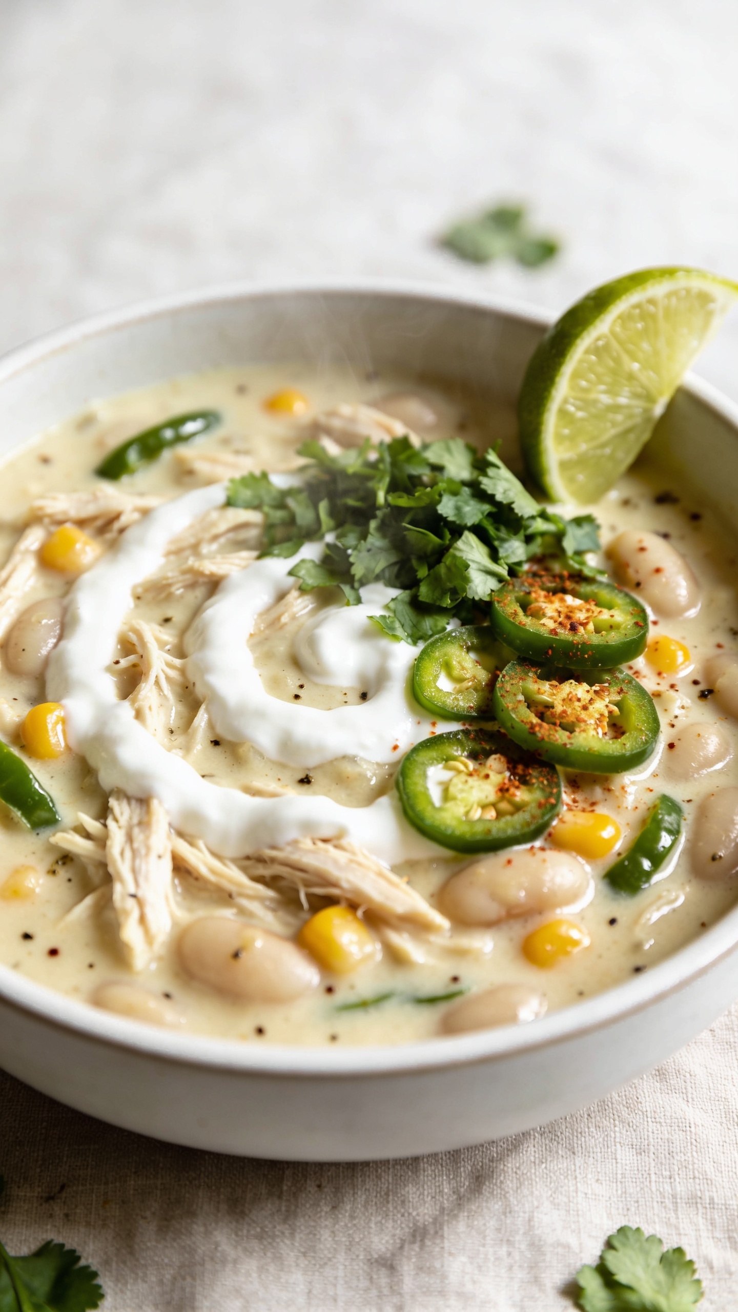 Ultra-close hero shot of High Protein Crockpot White Chicken Chili in a matte white, wide-rim bowl, filling 90â95% of the frame. Creamy off-white chili base with tender shredded chicken, white beans, and sweet corn kernels peeking through, lightly speckled with green chiles and cumin. Garnished consistently with a tight swirl of Greek yogurt, a generous sprinkle of chopped cilantro, thinly sliced jalapeño rounds, a squeeze of lime wedge perched on the rim, and a dusting of chili flakes. Bright natural side lighting, shallow depth of field, glossy sheen on the creamy broth, soft steam rising. Styled on a light neutral linen with a few scattered cilantro leaves, minimal props, premium food-blog aesthetic.