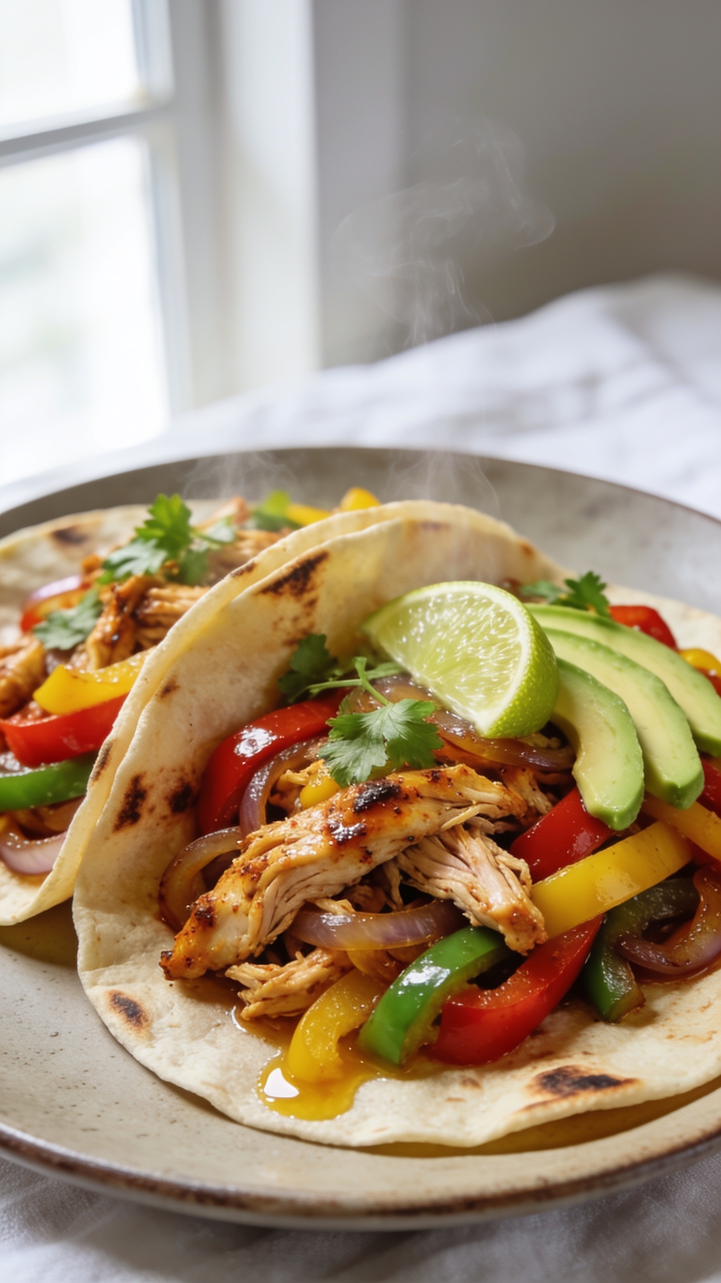 Ultra-close hero shot of high-protein crockpot chicken fajitas plated in warm charred flour tortillas: juicy shredded chicken tossed with glossy fajita spices, smoky sautĂŠed red, yellow, and green bell peppers and caramelized onions, a squeeze of fresh lime, scattered cilantro, and a few thin avocado slices, with a tiny gloss of chicken juices pooling on the tortilla. Bright natural window light from the left, shallow depth of field, creamy bokeh, vibrant saturated colors, slight steam rising, food filling 90â95% of frame on a neutral matte ceramic plate with a subtle white-linen background. Consistent styling for all images.