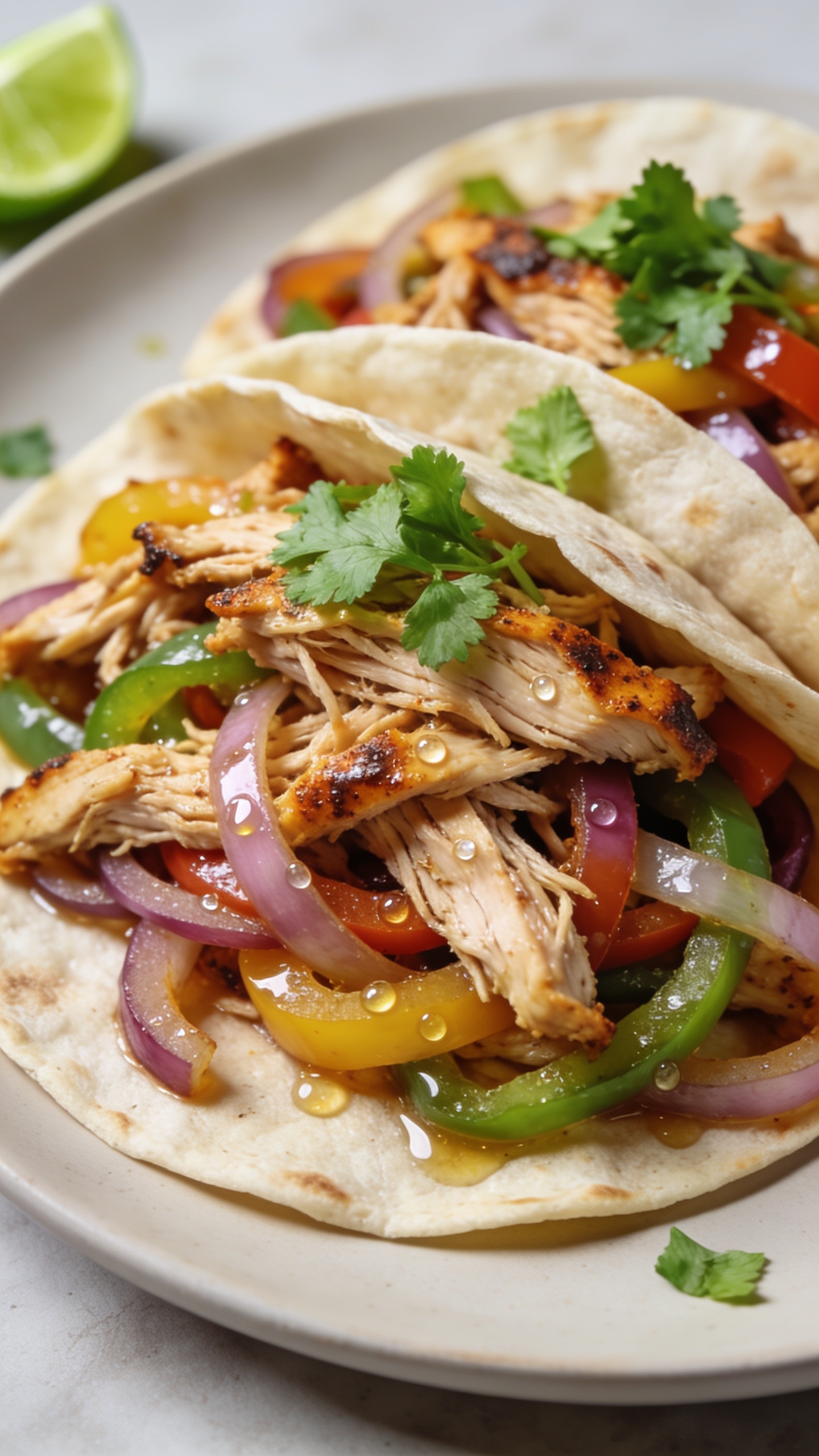 3. Extreme close-up angled top-down three-quarters view of the same finished fajitas in the tortillas: shredded chicken piled high with glossy spice-coated edges, colorful peppers and onions tangled throughout, micro-beads of juice catching the light, fresh cilantro sprinkled on top, lime wedges in soft blur at the edge. Bright natural lighting, shallow depth of field, crisp textures, vibrant color contrast, food dominating 90â95% of the frame on the same neutral plate and background to match the hero image.