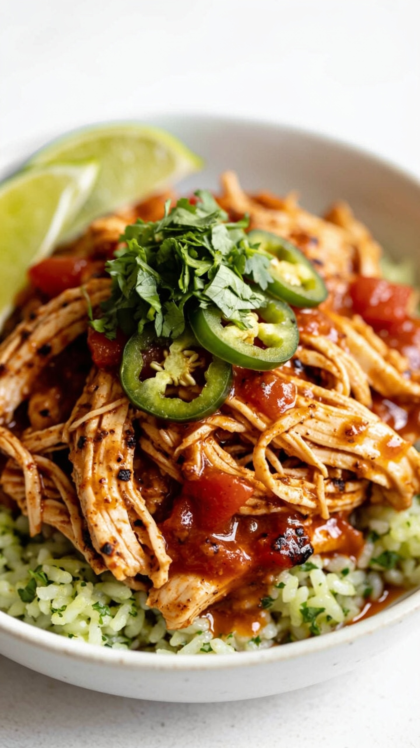 Extreme close-up hero shot of High Protein Crockpot Mexican Chicken: juicy shredded chicken breast saturated in glossy fire-roasted salsa, flecked with smoky spices, topped with a small mound of fresh chopped cilantro and a few thin slices of jalapeĂąo, with lime wedges tucked at the edge for color. Serve in a shallow white ceramic bowl over a small bed of fluffy cilantro-lime rice so the saucy chicken is the star, rice just peeking out. Visible moist shreds, slight charred tomato chunks from the salsa, and a light sheen of reduced cooking juices pooling at the bottom. Bright natural side light, shallow depth of field, 90â95% food filling frame, clean neutral background, premium food-blog styling.