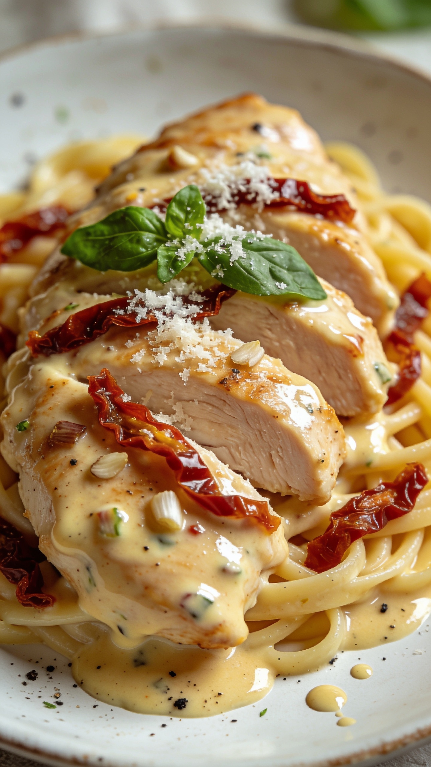 Ultra close-up hero shot of High Protein Crockpot Marry Me Chicken: juicy boneless chicken breasts sliced and nestled in a glossy, velvety creamy sauce made with Greek yogurt and Parmesan, studded with ribboned sun-dried tomatoes and flecks of minced garlic; garnished with freshly torn basil and a light snowfall of finely grated Parmesan. Serve over al dente pasta or with the sauce pooling around the chicken on a shallow white ceramic plate; no text. Bright natural side lighting, shallow depth of field, soft bokeh in the background, rich golden-ivory sauce sheen, visible black pepper and Italian herb specks, a few droplets of sauce on the plate rim for realism. Food fills 90–95% of frame, premium food-blog styling, consistent warm color tones.