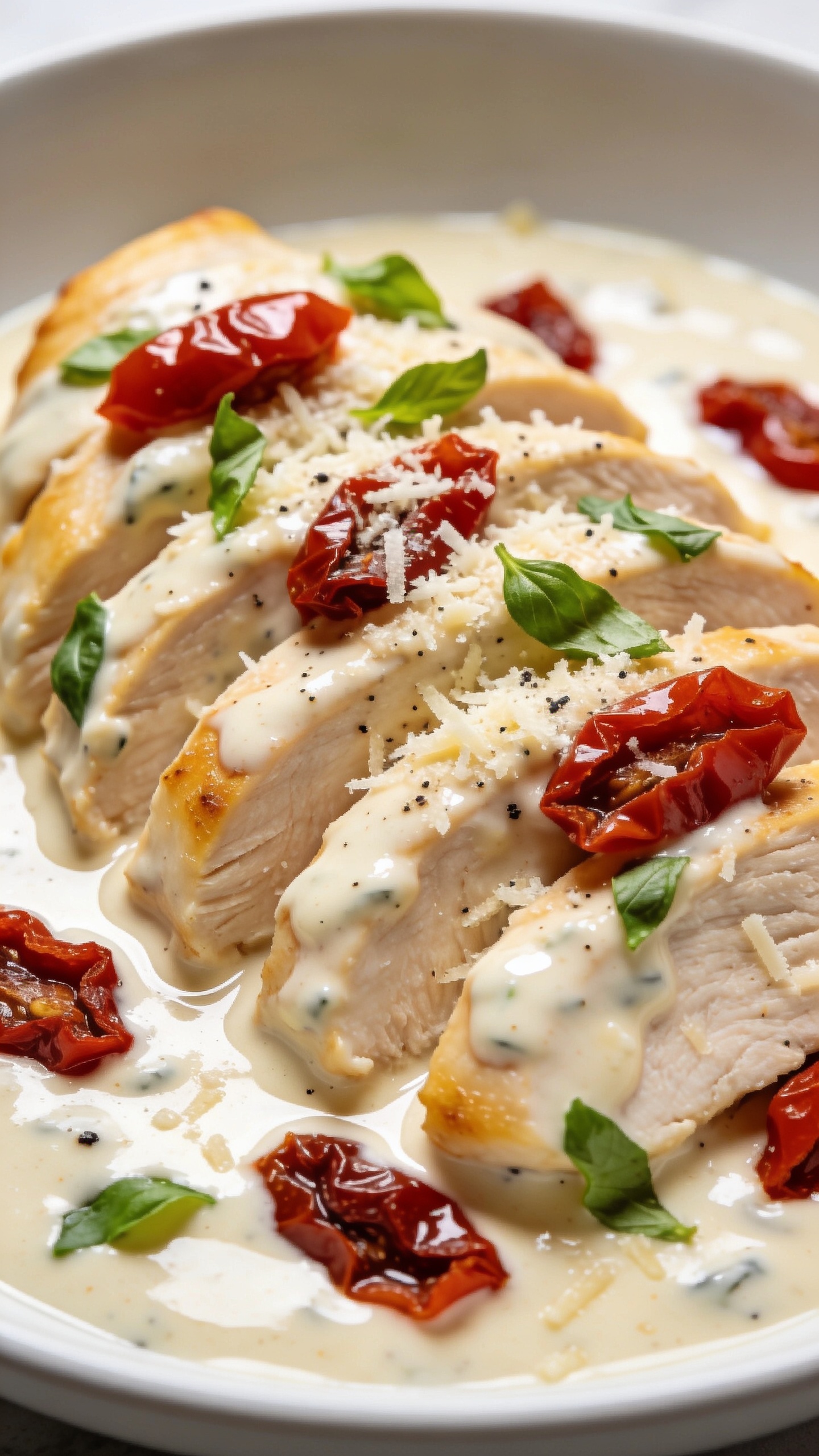 Macro angle beauty close-up from a low 3/4 angle: sliced crockpot chicken breasts fanned in the creamy Greek yogurt–Parmesan sauce, sun-dried tomato pieces glistening, sauce pooling with a slight ripple, edges of chicken lightly golden. Final flourish of finely grated Parmesan and torn basil scattered over top, plus a twist of black pepper. Shot in a shallow white bowl to corral the sauce; glossy highlights on the sauce surface; vibrant red tomatoes and fresh green herbs pop against the warm ivory sauce. Bright natural light, shallow depth of field, tight framing with food filling 90–95% of the image, cohesive styling matching the hero image.
