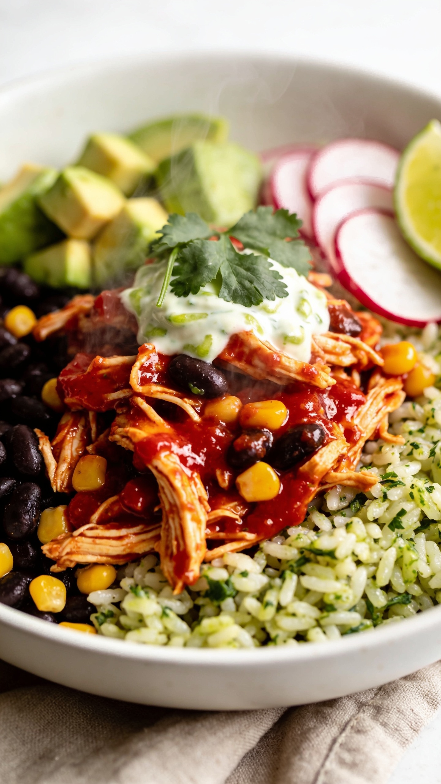 Extreme close-up hero shot of High Protein Crockpot Southwest Chicken plated as a vibrant burrito bowl: tender shredded chicken coated in glossy red salsa, mixed with black beans and sweet corn, over fluffy cilantro-lime rice, topped with diced avocado, thinly sliced radishes, fresh cilantro leaves, a lime wedge, and a light drizzle of creamy Greek-yogurt-lime sauce. Food fills 90â95% of frame; bright natural side lighting, shallow depth of field, rich textures and saturated colors; steam subtly rising from the chicken; premium food-blog styling on a matte white shallow bowl with a neutral linen beneath, consistent warm Southwest palette.