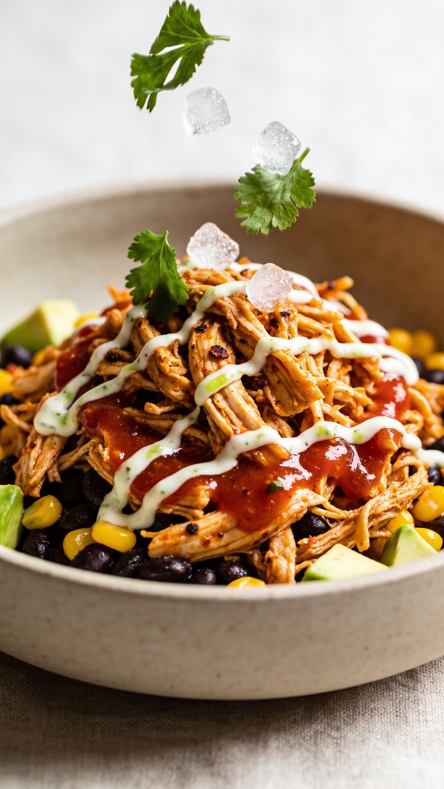 Tight macro angle from slightly overhead focusing on the saucy shredded chicken mound within the same bowl: glossy red salsa pooling lightly, smoky spice flecks visible, black beans and corn nestled throughout, small dice of avocado peeking in the periphery, cilantro leaves freshly scattered mid-fall (a few leaves frozen in motion above the chicken), delicate drizzle of Greek-yogurt-lime sauce zigzagging across. Food fills 90â95% of frame; bright natural light, shallow depth of field isolating textures; consistent styling with neutral ceramic and soft linen, vibrant Southwest colors, premium, mouthwatering finish.