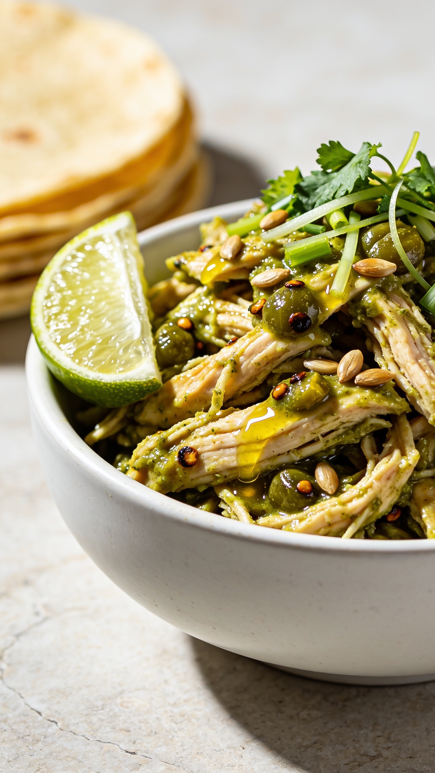 Ultra-close hero shot of High Protein Crockpot Salsa Verde Chicken: a shallow white ceramic bowl piled high with juicy, glistening shredded chicken breast coated in glossy salsa verde, tiny charred tomatillo flecks and roasted chili seeds visible; finished with a squeeze sheen of fresh lime, a sprinkle of chopped cilantro and thinly sliced green onion, a few toasted pepitas for texture, and a wedge of lime tucked at the rim; warm corn tortillas stacked slightly blurred in the background for context; bright natural side light from the left, shallow depth of field, soft shadows, vibrant greens and golden chicken tones, food filling 90â95% of the frame, premium food-blog styling on a light stone surface.