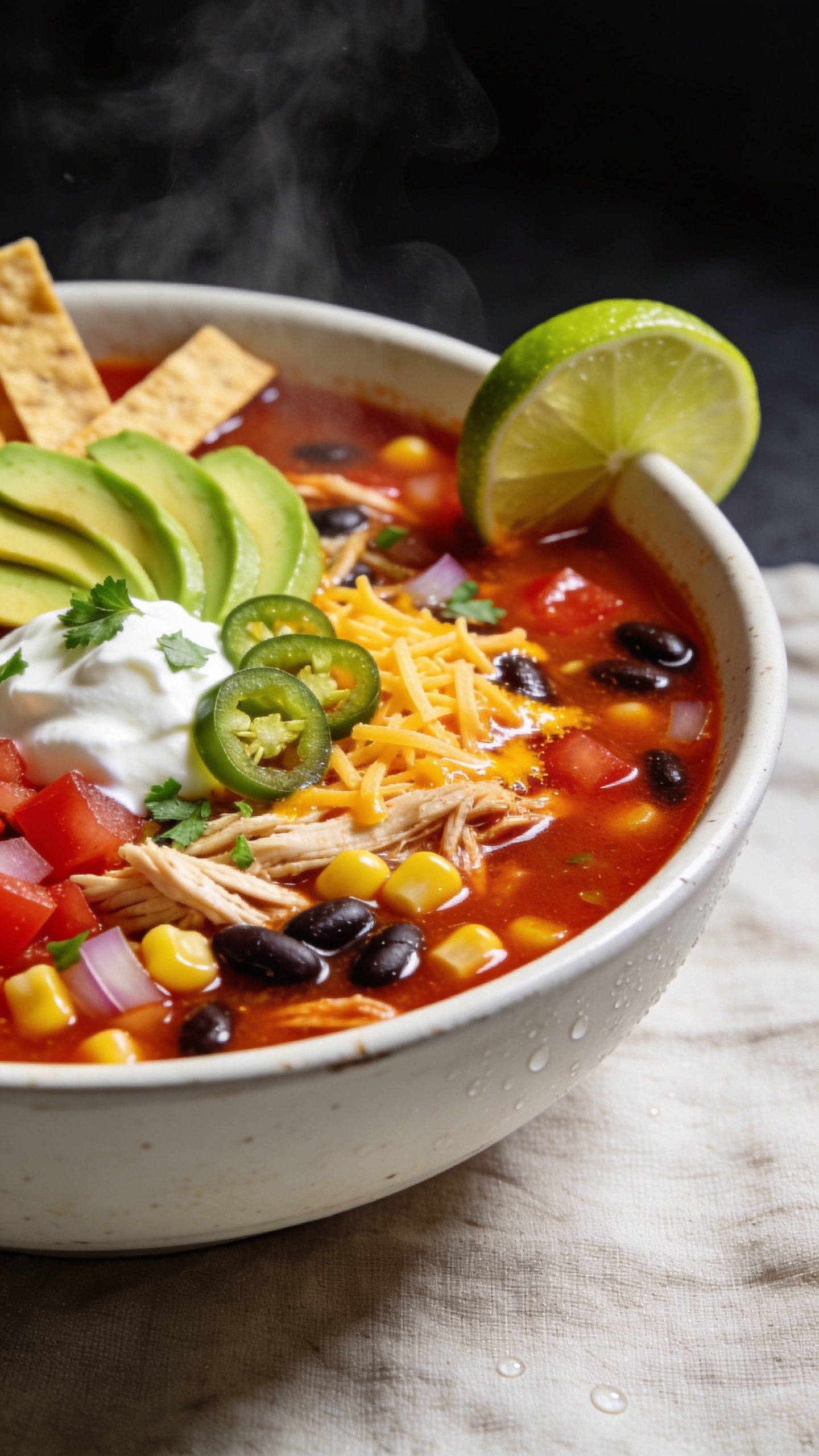 Ultra-close-up hero shot of a steaming bowl of high-protein crockpot chicken taco soup, filled 90â95% of the frame. Thick, tomato-chili broth with glossy surface; shredded chicken, black beans, sweet corn kernels, diced tomatoes, and tender onions visible. Garnished consistently with a small fan of ripe avocado slices, a dollop of Greek yogurt, a sprinkle of shredded cheddar melting at the edges, finely chopped cilantro, thinly sliced jalapeĂąo rings, and a squeeze of lime wedge perched on the rim. A few crisp tortilla strips partially submerged for crunch. Bright natural side light, shallow depth of field, soft shadows, rustic white ceramic bowl on a neutral linen, subtle condensation and rising steam for just-cooked warmth. Vibrant reds, greens, and golden corn pop against the rich, brick-red broth.