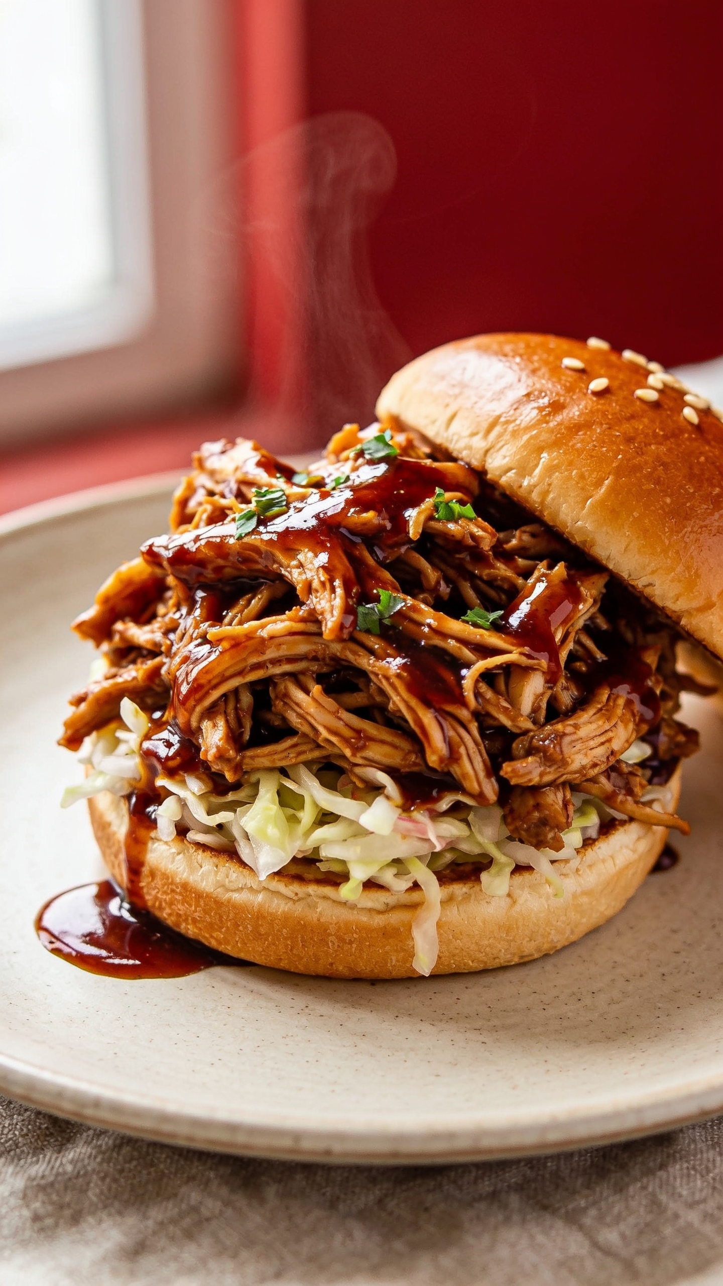 Ultra-close hero shot of high-protein crockpot pulled BBQ chicken piled generously on a toasted brioche bun with a small mound of simple vinegar slaw tucked underneath the glossy shredded chicken, extra sauce brushed on top so the strands glisten, a few sesame seeds on the bun, tiny flecks of fresh chopped parsley scattered on the chicken, and a light swipe of sauce pooling at the plate edge; bright natural window light from the left, shallow depth of field, soft bokeh background of a neutral ceramic plate and faint linen; rich reds and mahogany tones of the sticky BBQ glaze, visible steam rising subtly, food filling 90â95% of the frame, premium food-blog styling, same finished recipe in every image.