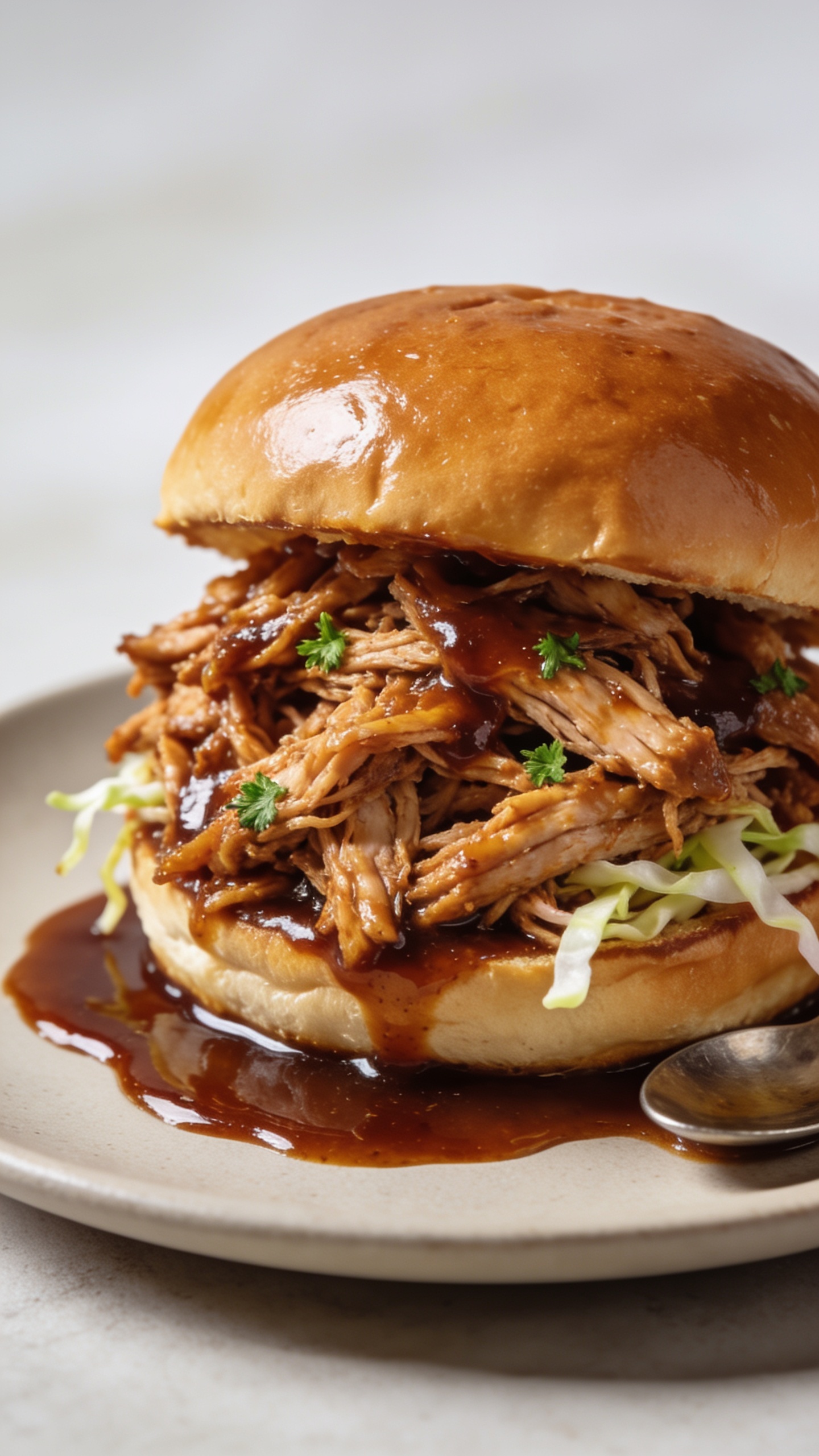 Macro close-up from a lower three-quarter angle of the same finished pulled BBQ chicken sandwich on a neutral matte plate: focus on the juicy, tender shreds packed under the slightly glossy top bun, with extra sauce spooned around the base for a reflective glaze, a few crisp slaw strands peeking out for crunch and contrast, tiny parsley flecks dotting the chicken; bright natural lighting, shallow depth of field, tight crop so the sandwich dominates 90â95% of the frame; emphasize saucy sheen, moist fibers, and toasty bun texture, matching the same look and styling as the other images.
